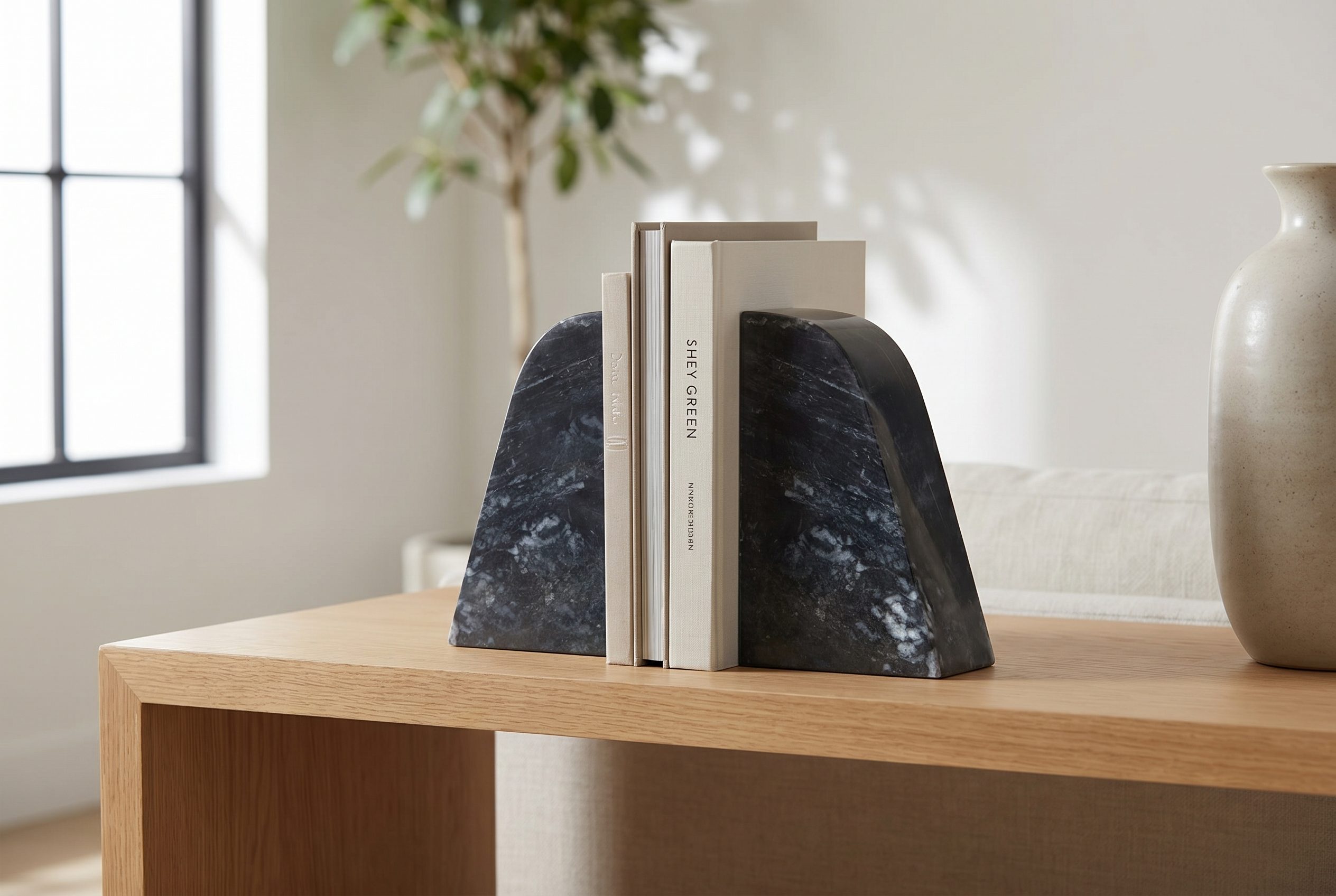 Fotogenic AI export and publish step with marble bookends in a clean catalog scene