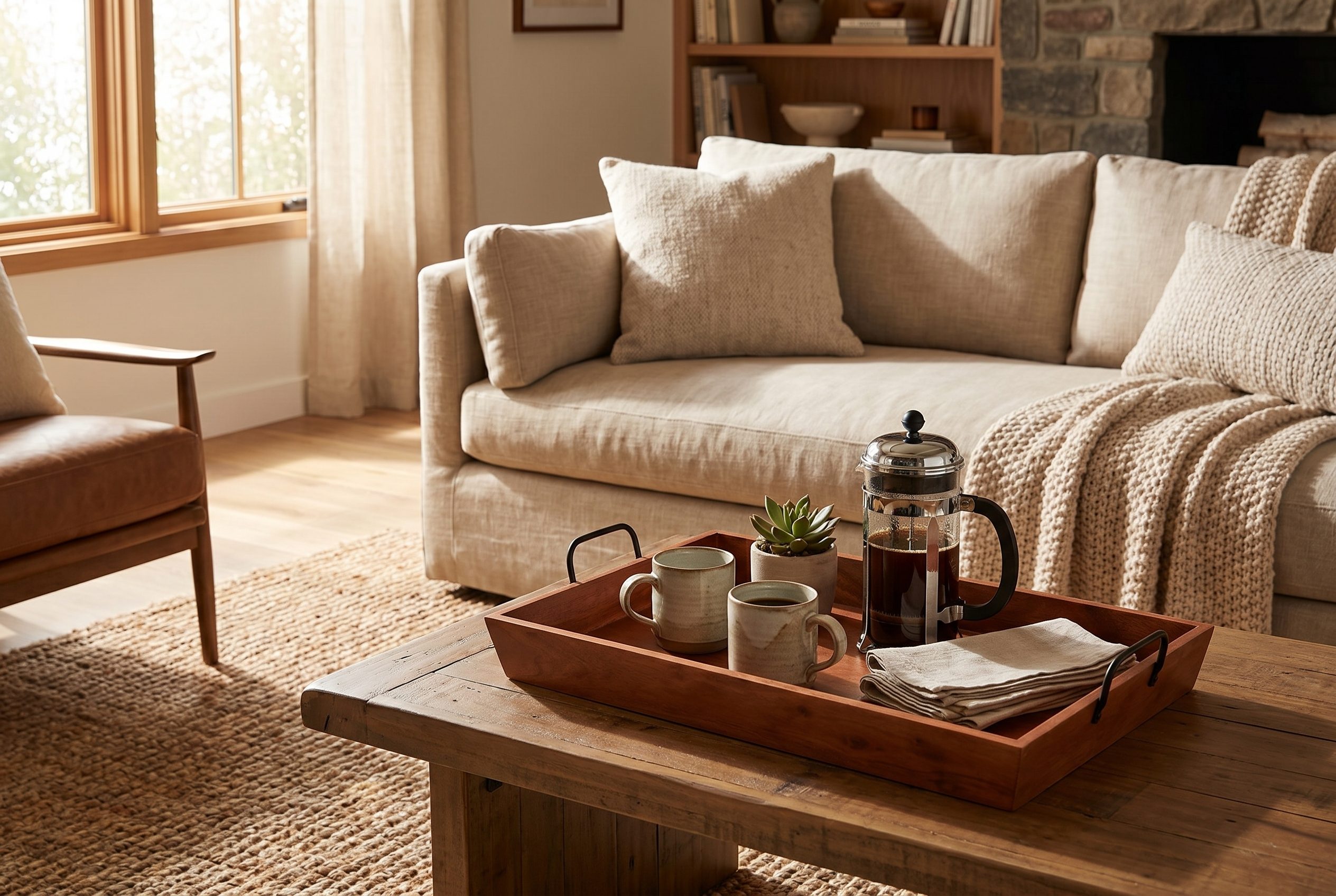 Fotogenic AI scene and style selection step with a wooden serving tray in a warm living room