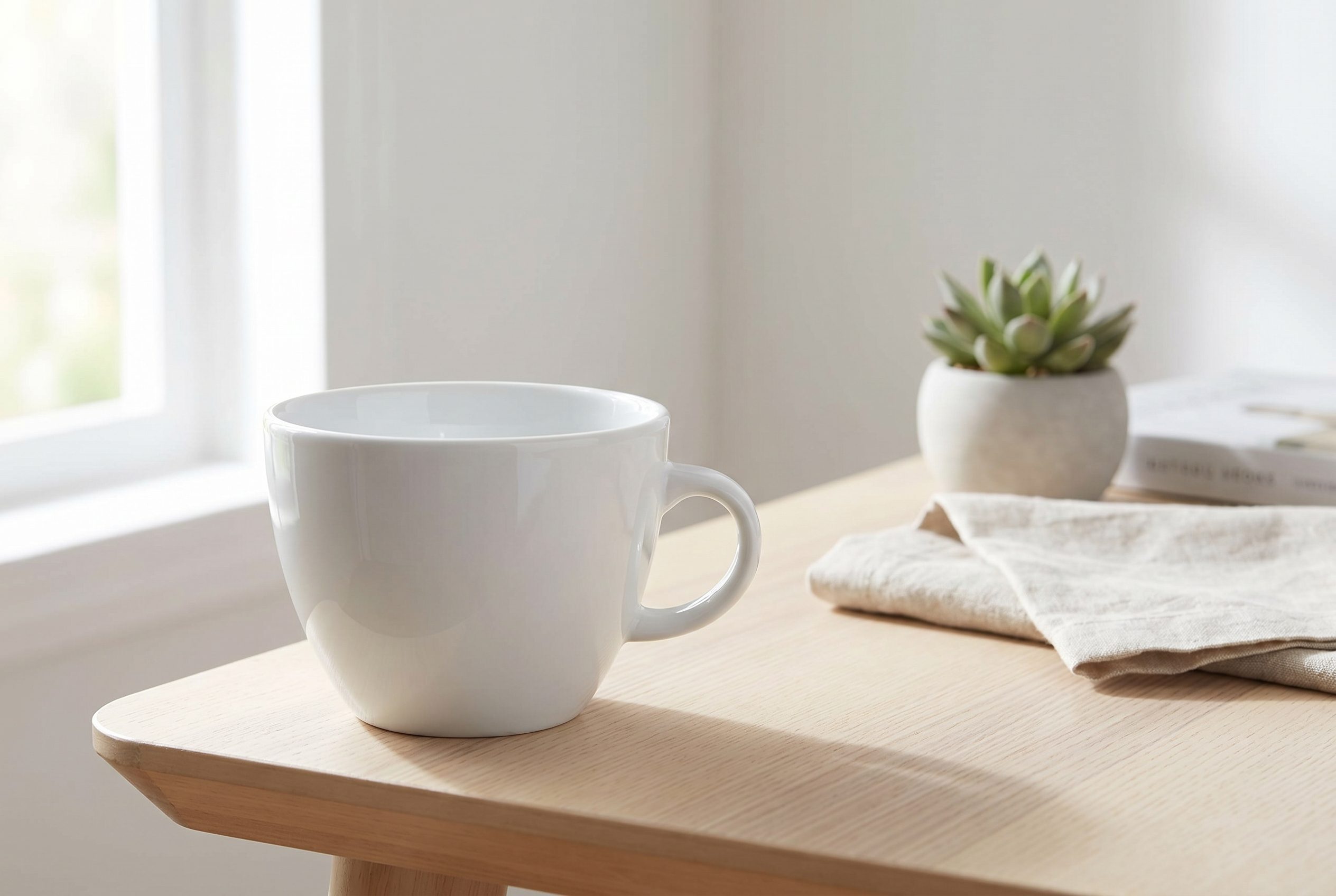 Fotogenic AI product photo workflow upload step with a white ceramic mug in soft daylight