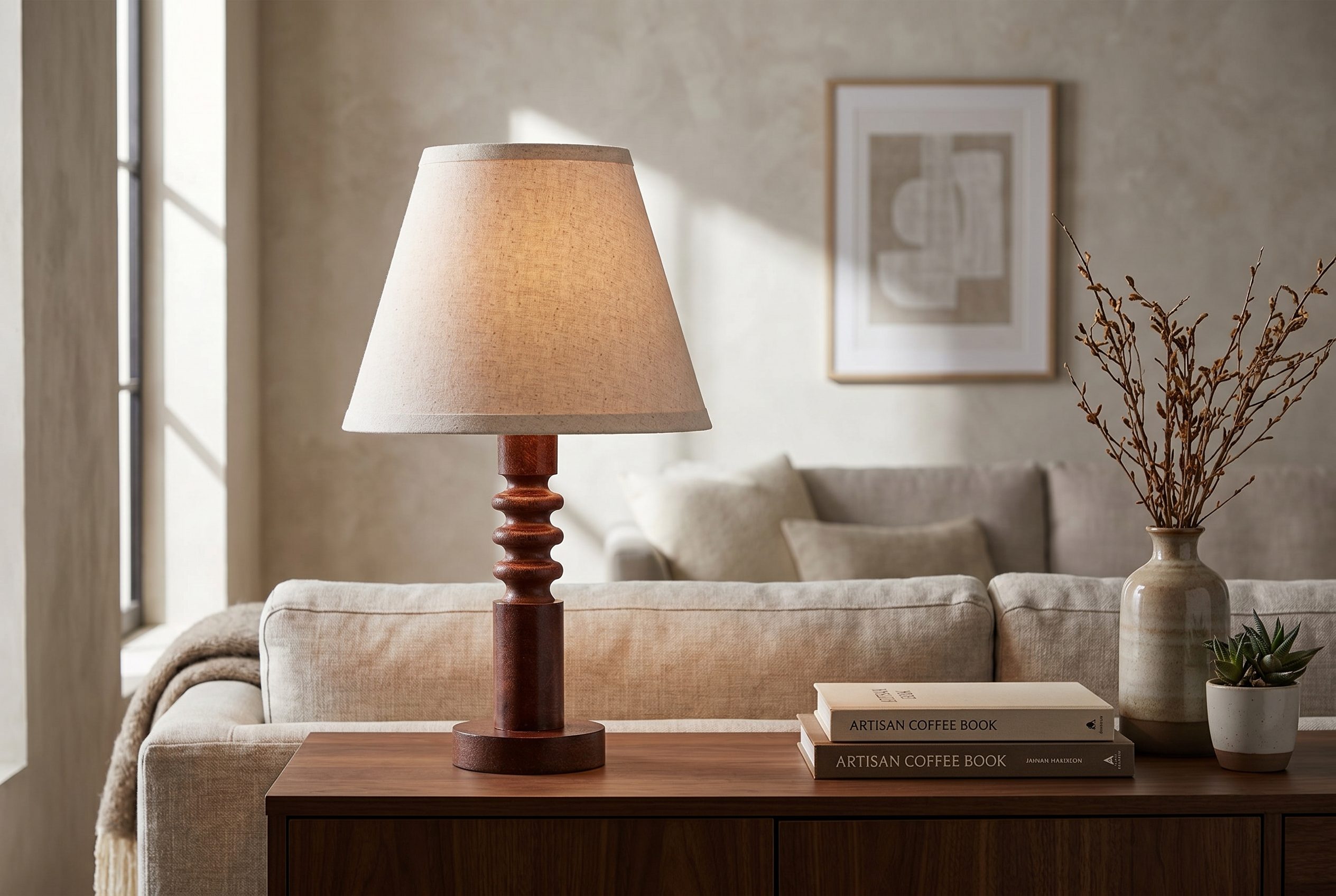 Fotogenic AI product variation step with a wood table lamp in a styled home interior
