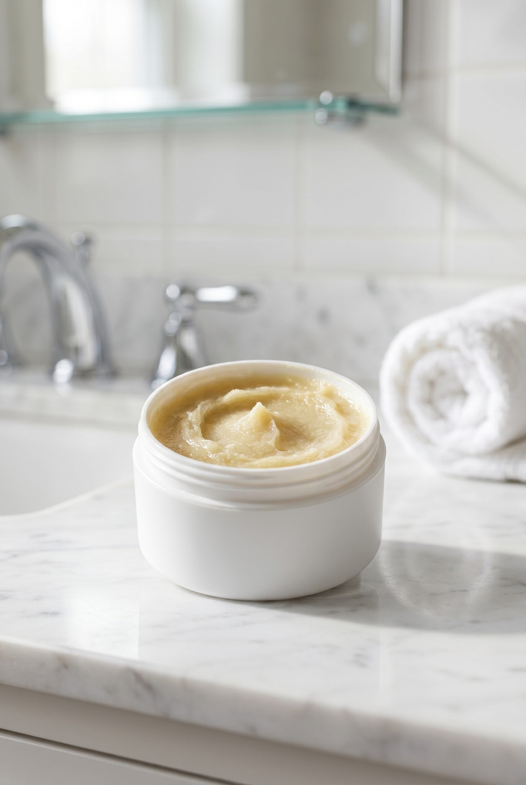 Fotogenic AI product image generator beauty example showing a logo free skincare cream jar in a clean ecommerce scene