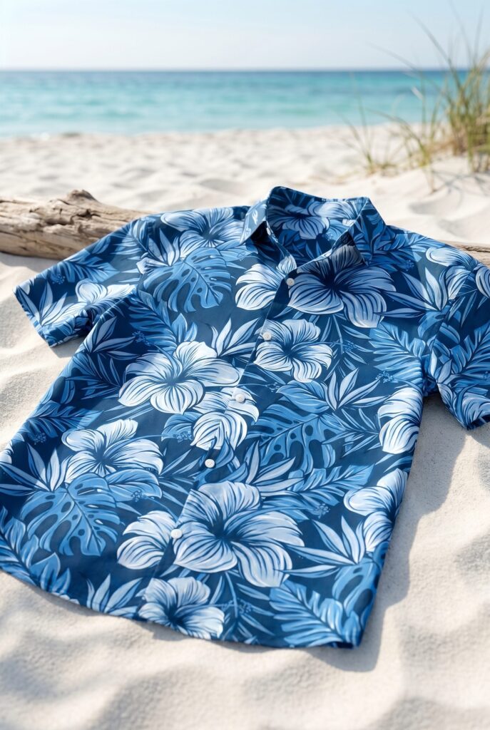 Fotogenic AI apparel related-resource image showing a blue floral shirt prepared as a catalog product photo.
