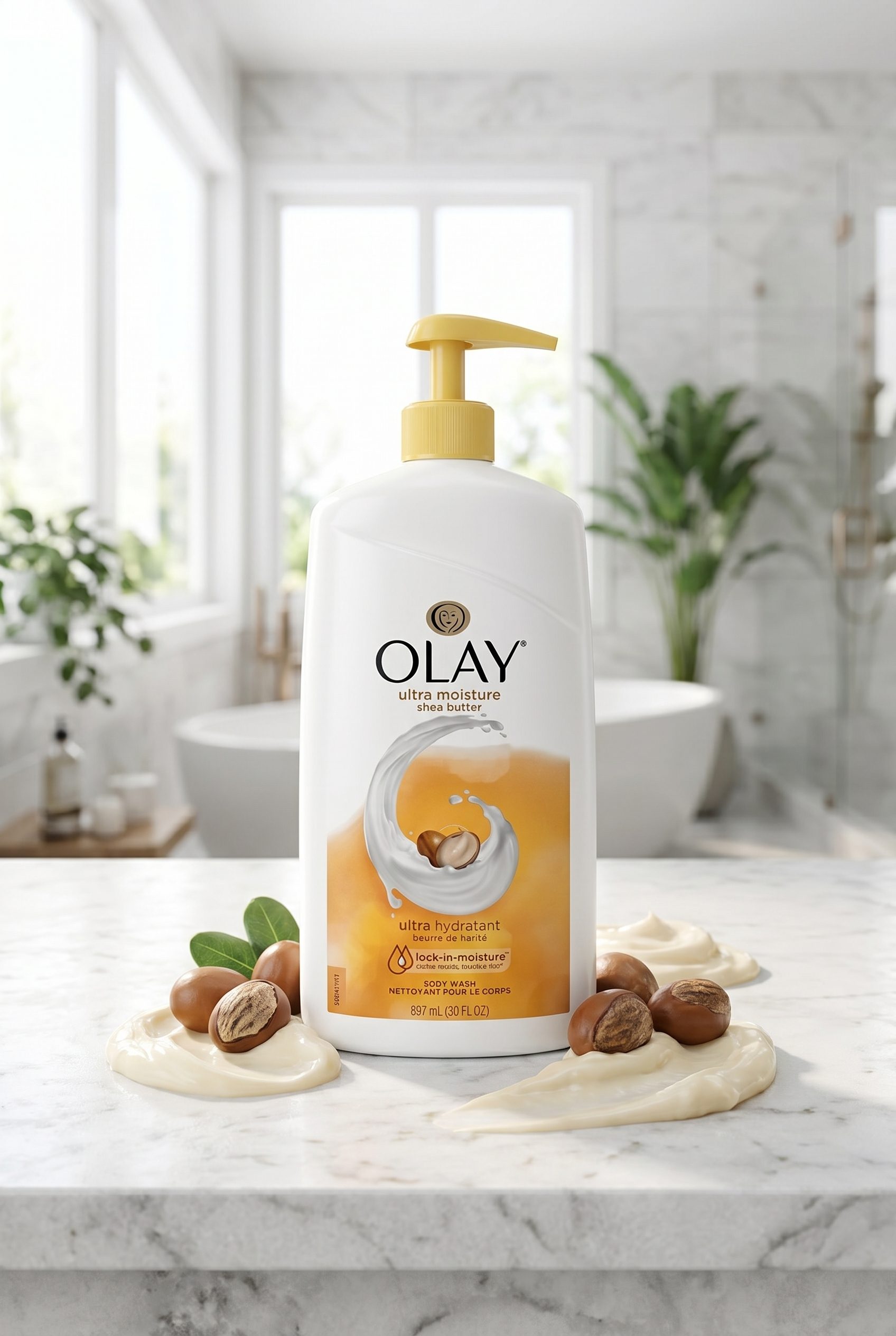 Fotogenic AI examples beauty olay ultra moisture shea butter body wash fotogenic ai output for ai product image generator landing page
