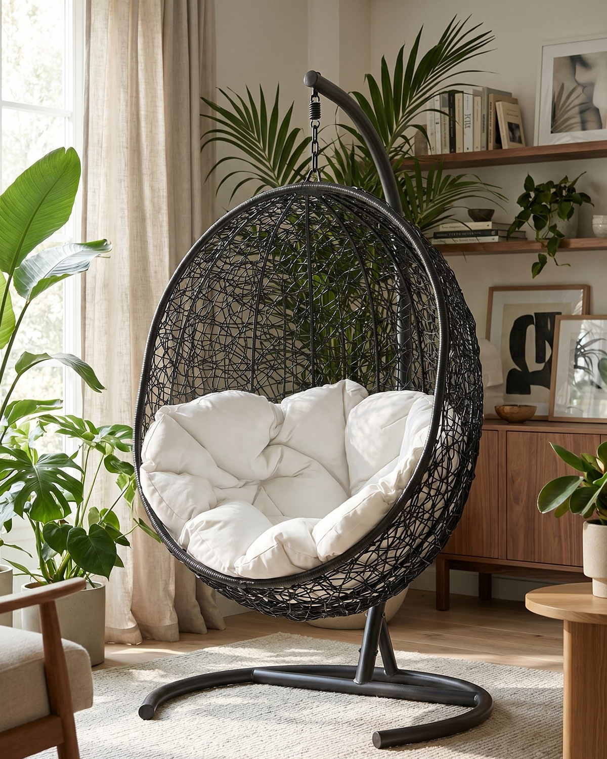 Fotogenic AI WordPress home goods visual showing a hanging chair in a styled room