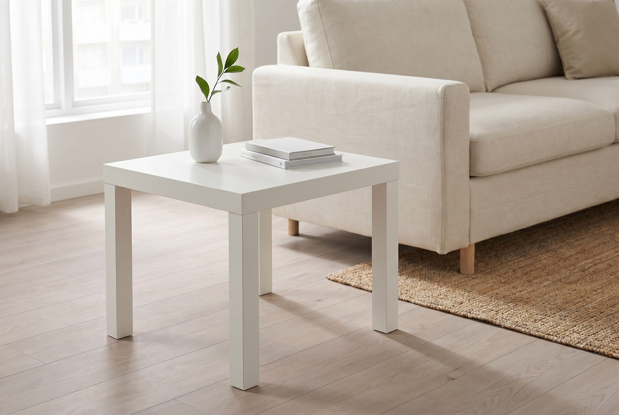 Fotogenic AI ecommerce after image showing the same white side table in a bright living room product scene