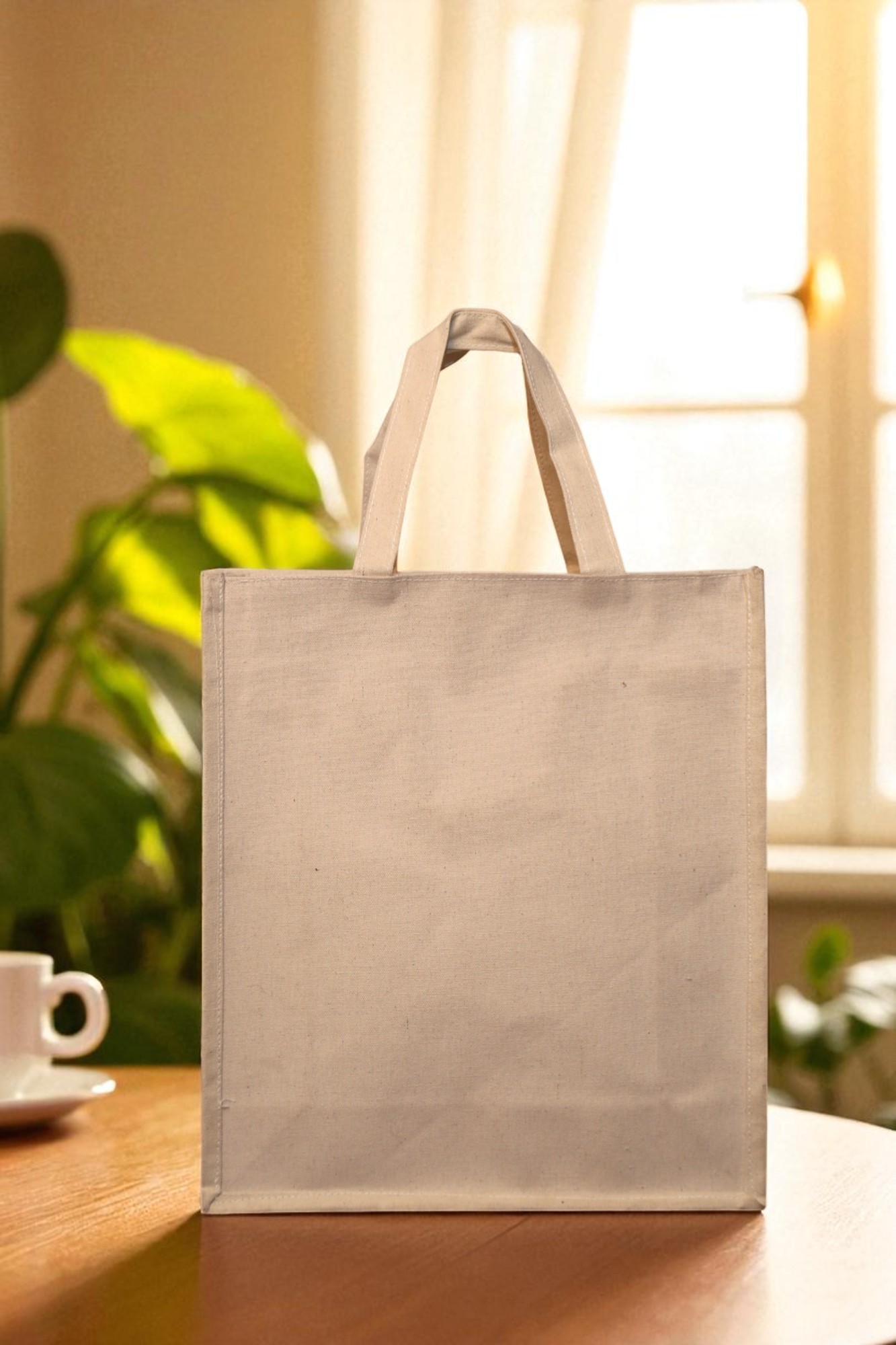 Original no-logo natural canvas tote product input for Fotogenic AI ecommerce before and after comparison