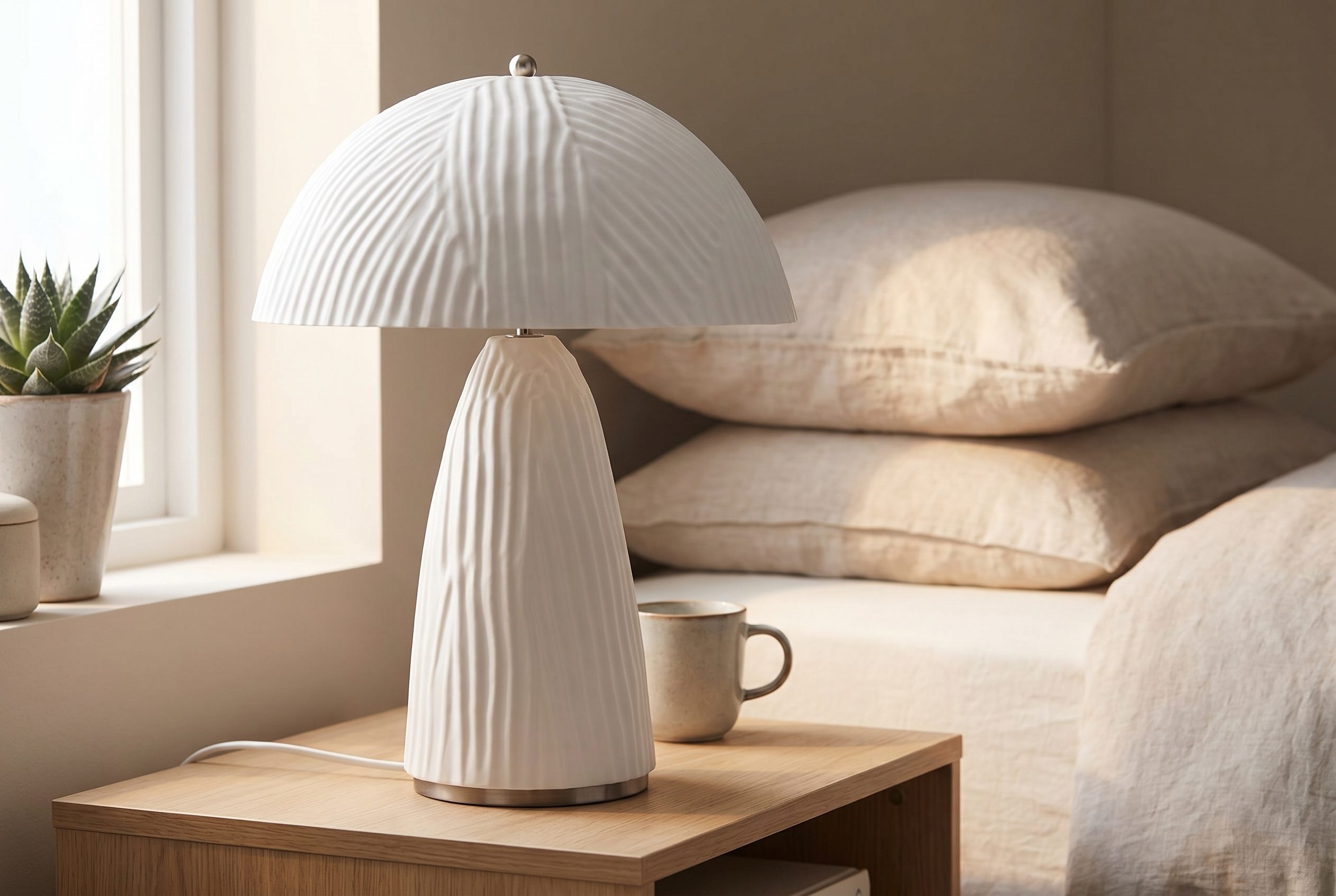 Fotogenic AI background generator for product photos showing white table lamp feature background scene