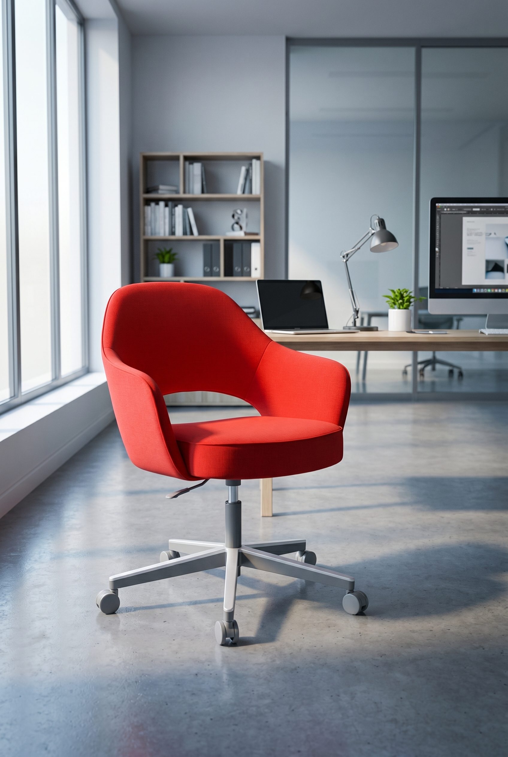 Fotogenic AI after red office chair modern workspace product photo output for the AI Product Photo Generator landing page