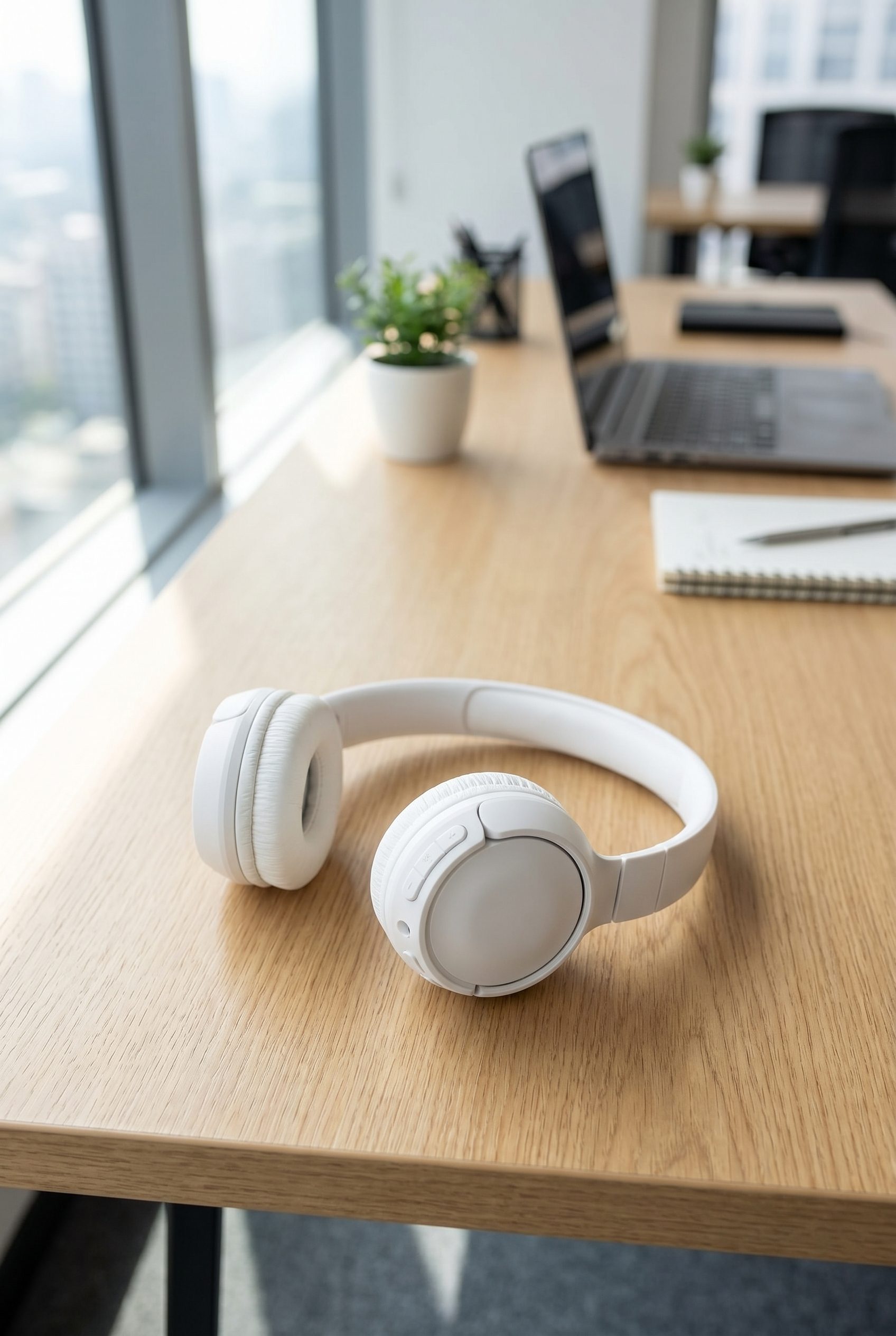 Fotogenic AI after white headphones desk product photo output for the AI Product Photo Generator landing page