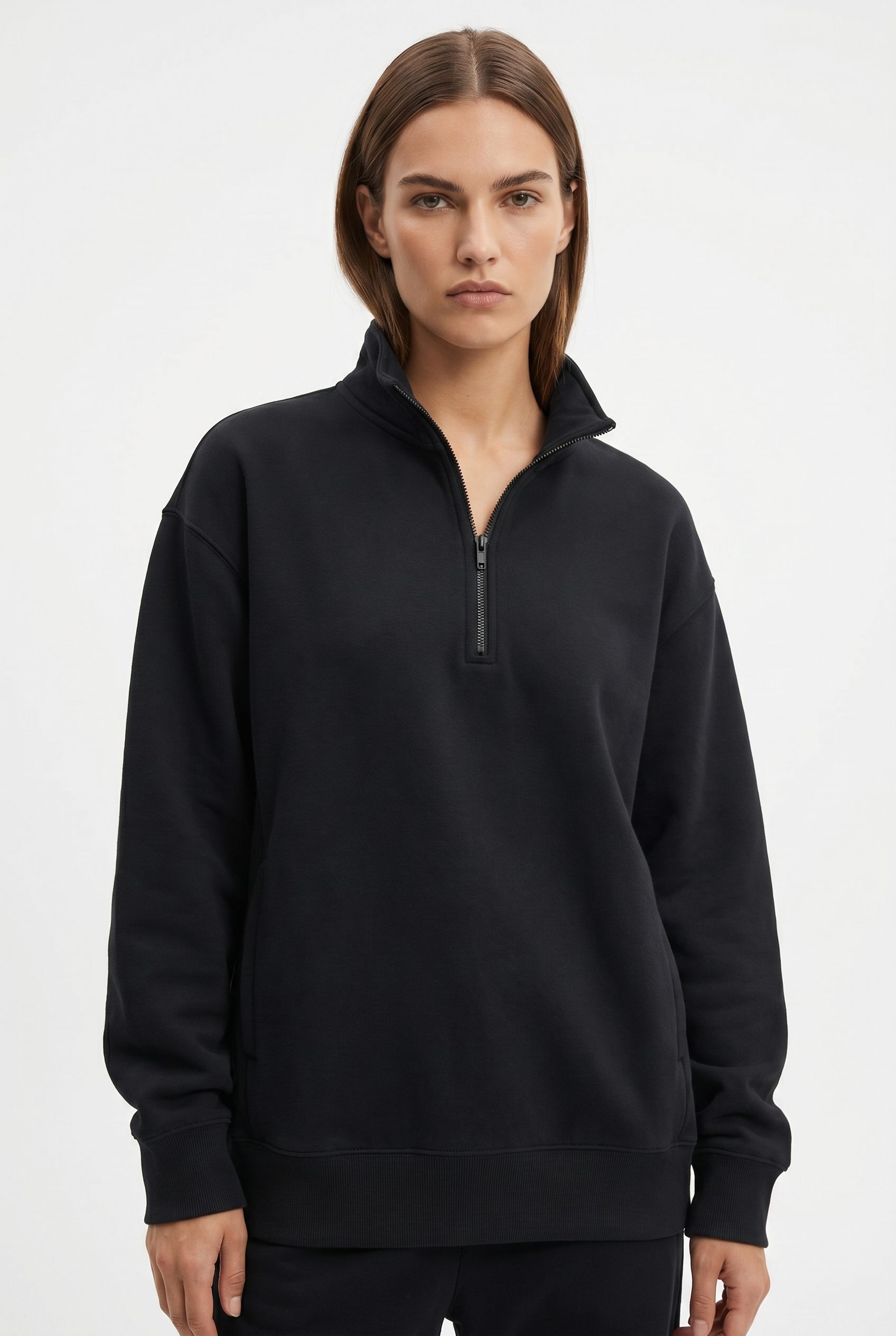 Google Shopping feed visual showing black half zip sweatshirt for apparel and fashion products