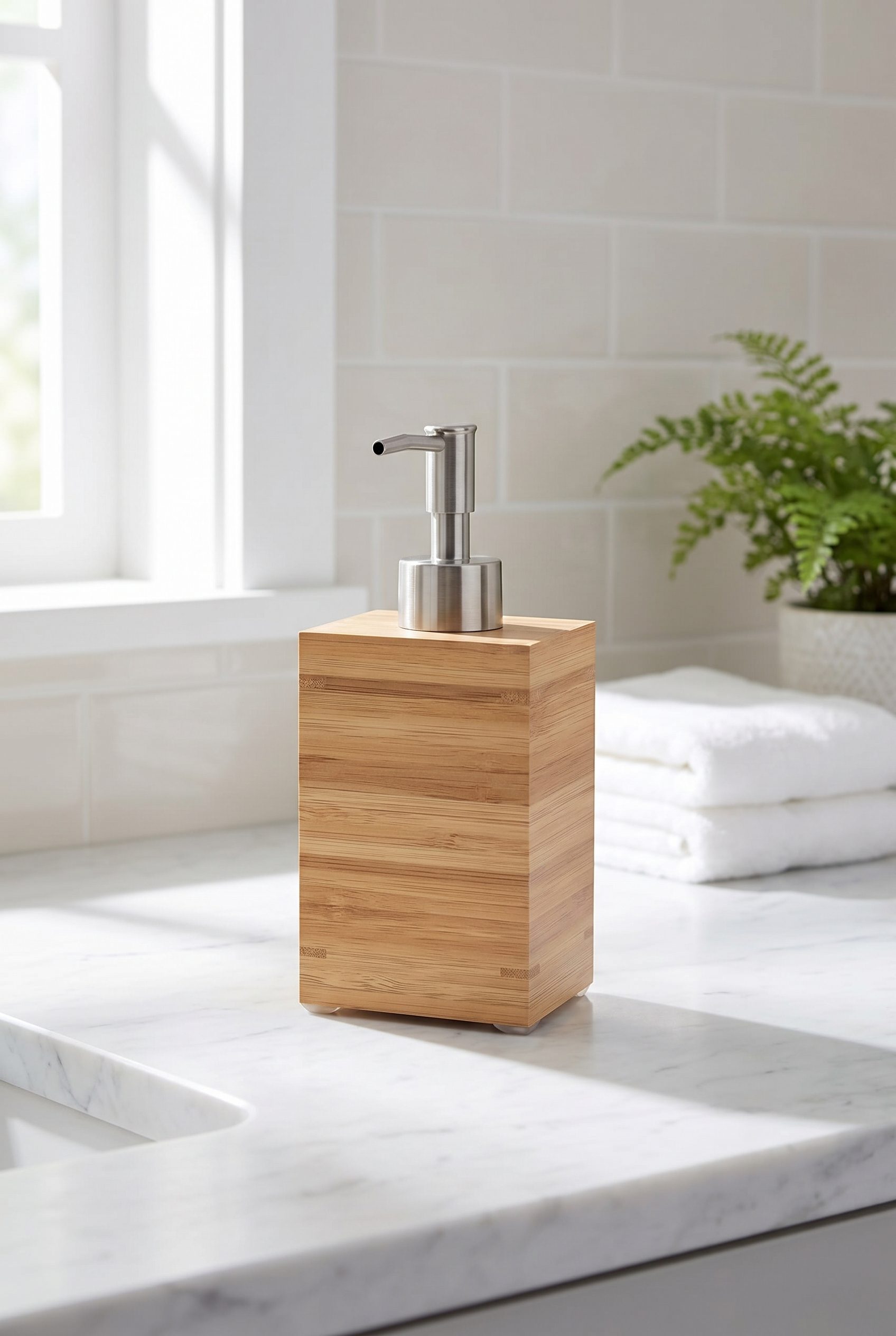 Google Shopping feed visual showing bamboo soap dispenser vanity for beauty and skincare products