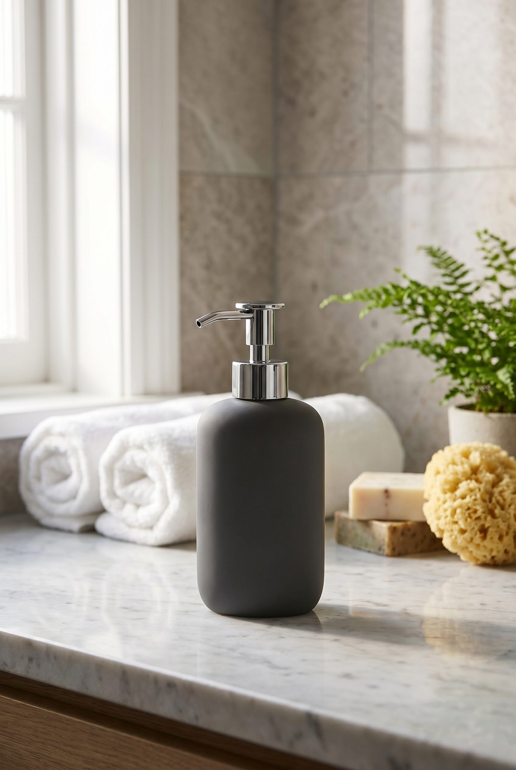 Google Shopping feed visual showing dark gray soap dispenser spa for beauty and skincare products