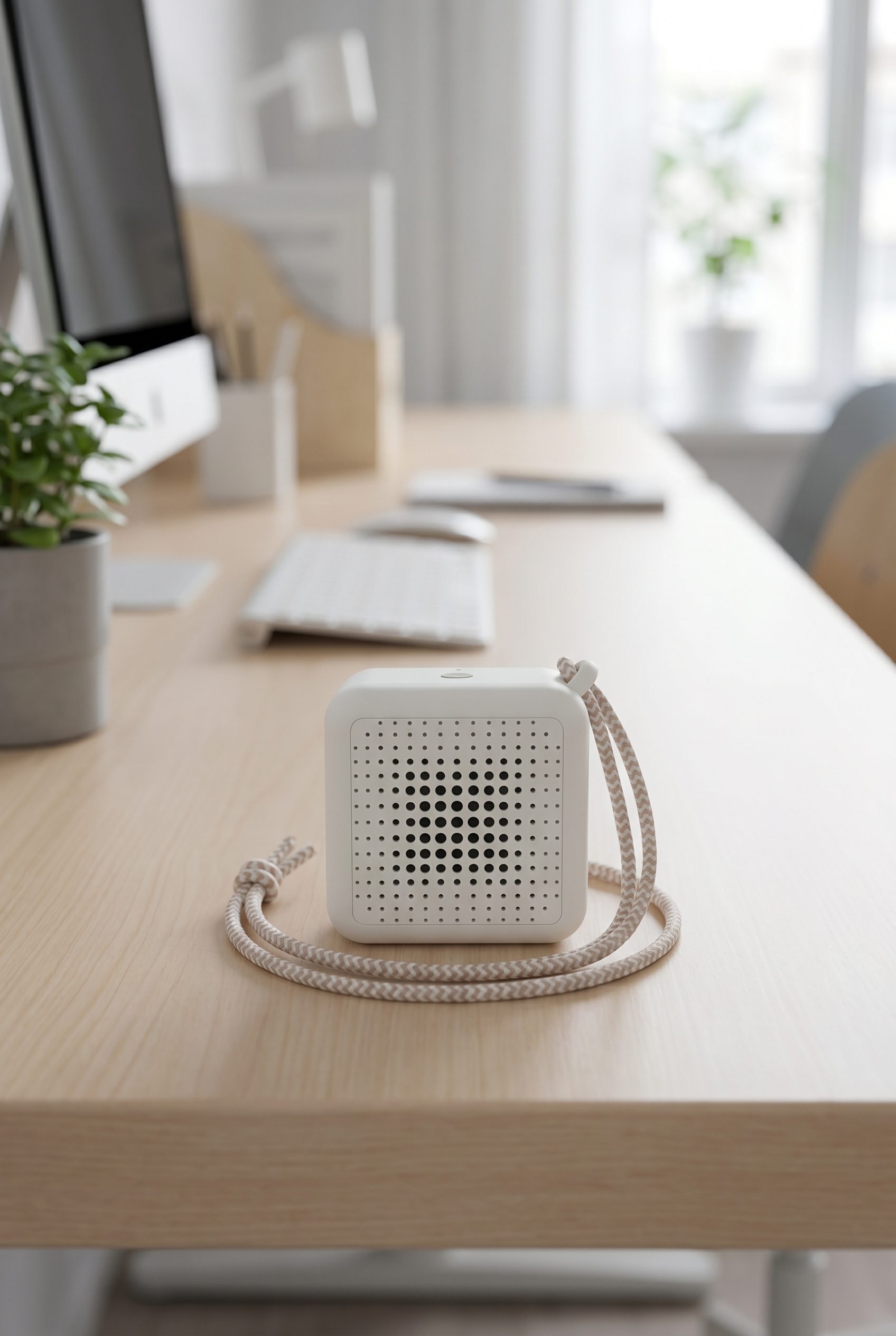 Amazon listing visual showing white waterproof speaker office for electronics products