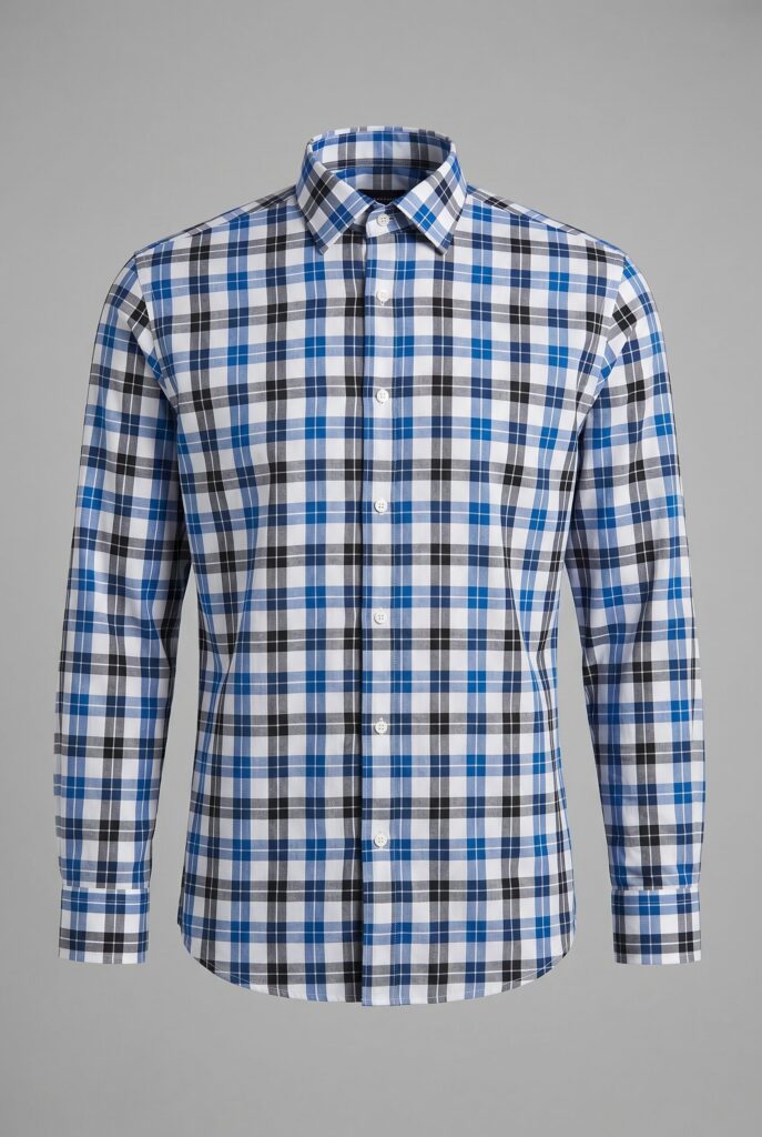 Fotogenic AI apparel product photography example showing a blue check shirt prepared for clean PDP and catalog visuals.