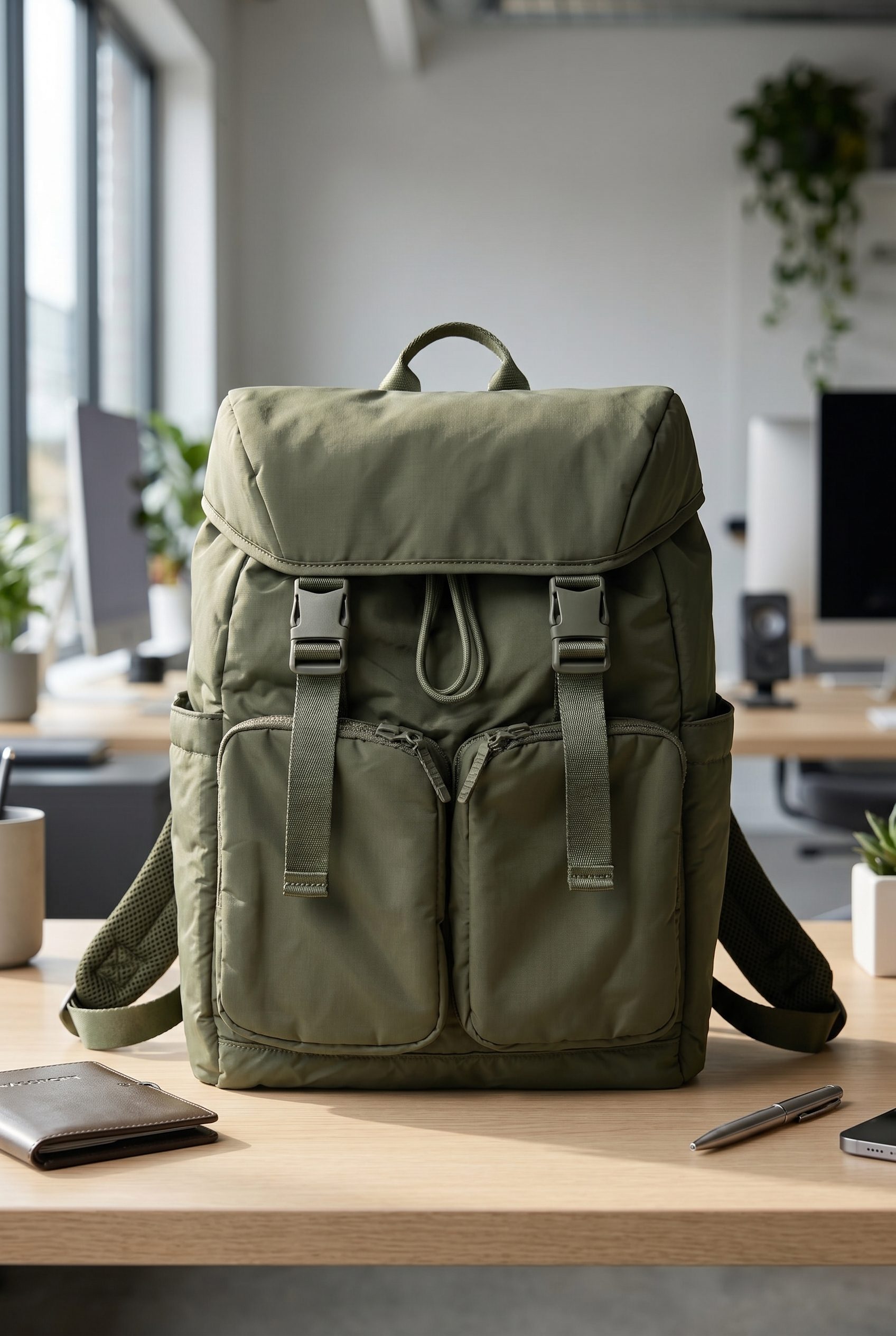 Etsy listing visual showing olive backpack for accessory, footwear, jewelry, and bag products