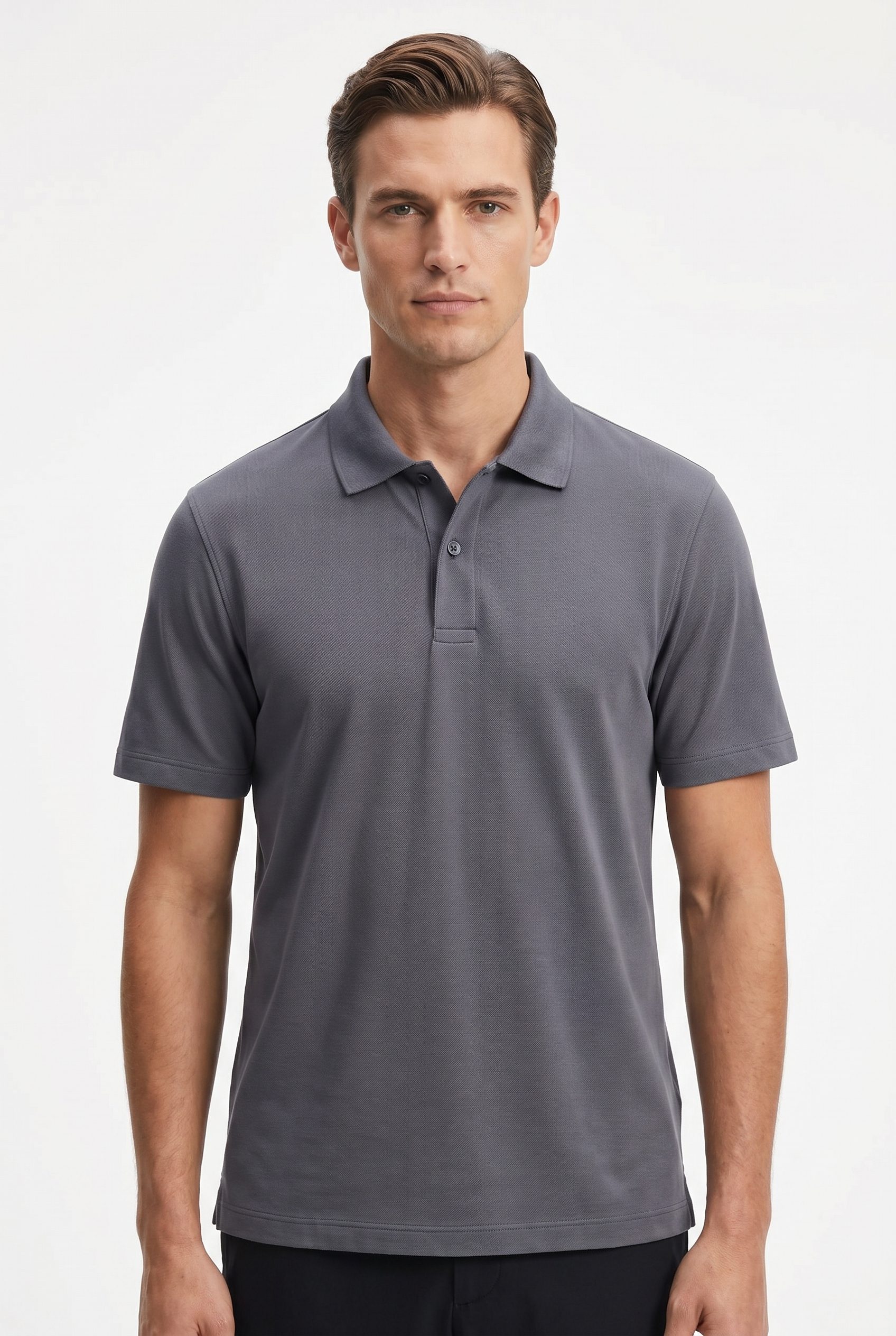 Google Shopping feed visual showing gray polo shirt for apparel and fashion products