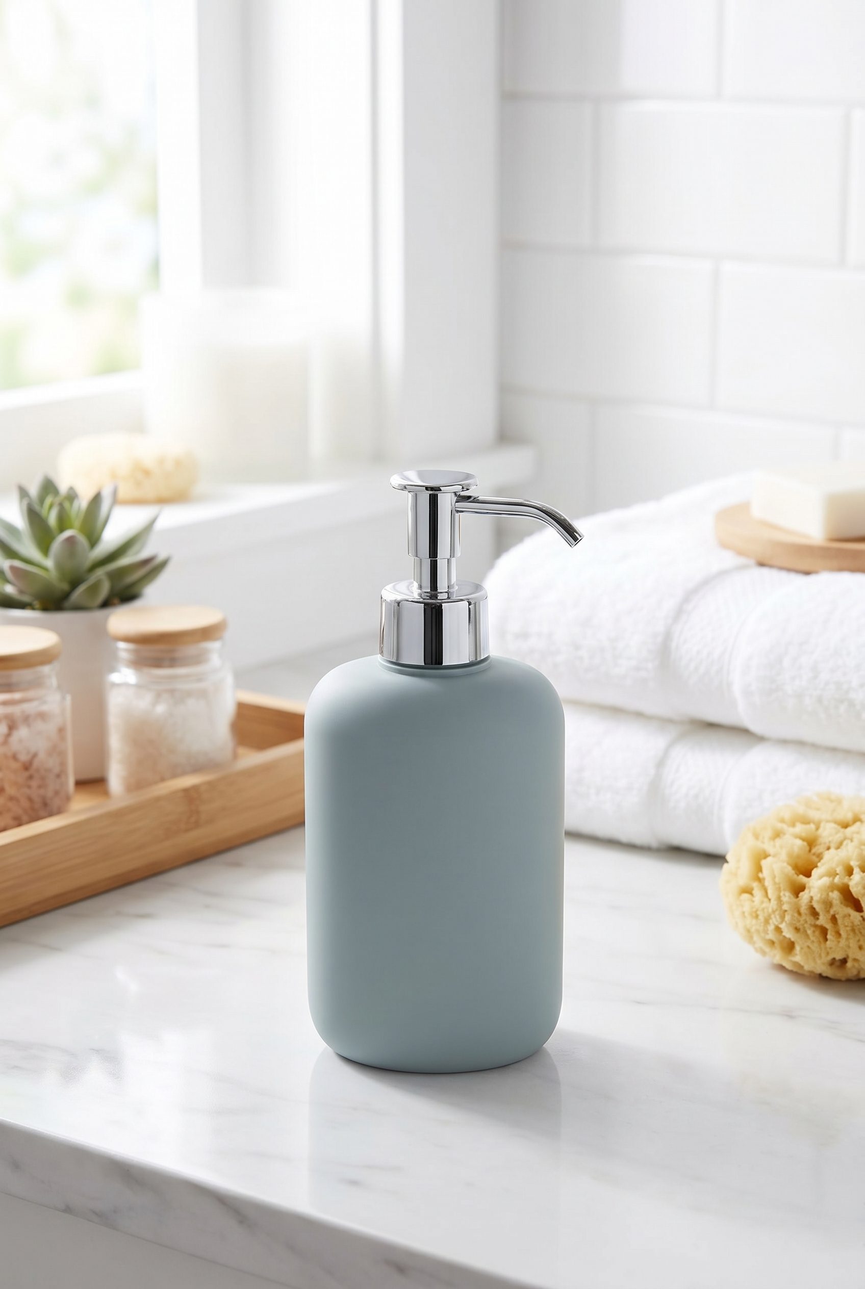 WordPress product image generator example showing a blue soap dispenser spa product scene