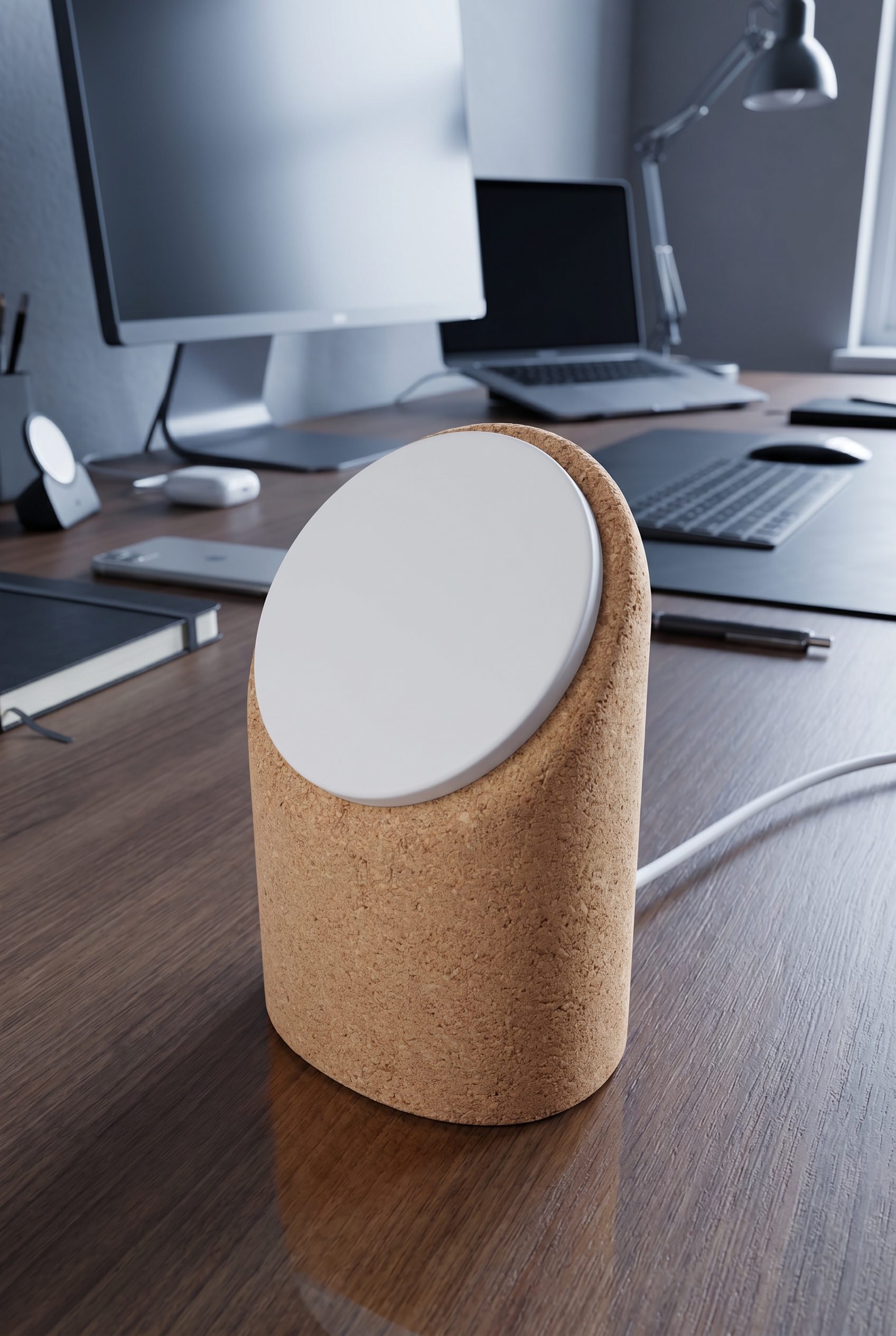 WordPress product image generator lifestyle scene showing a cork wireless charging stand