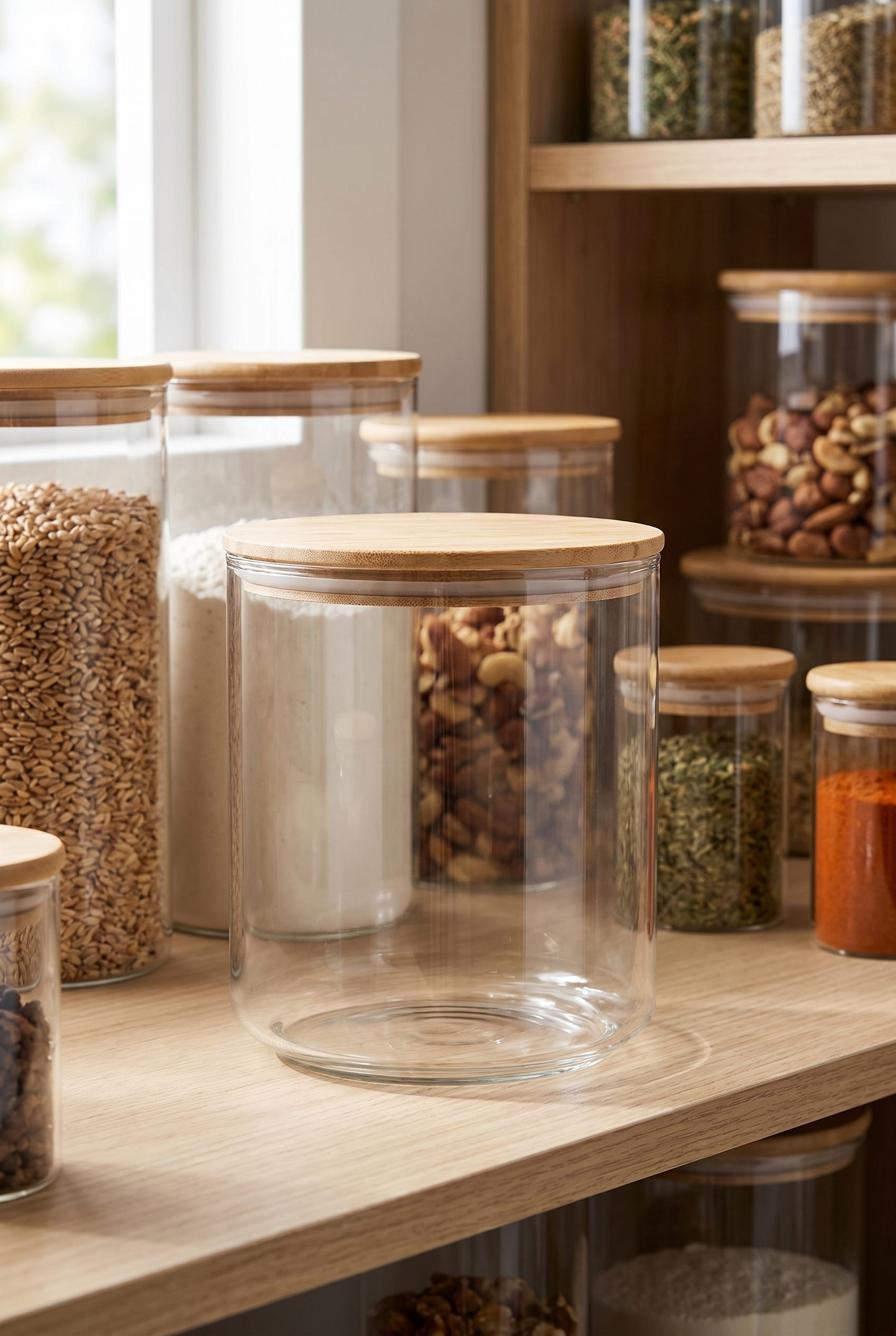 Etsy listing visual showing clear glass bamboo storage jar for food and beverage products
