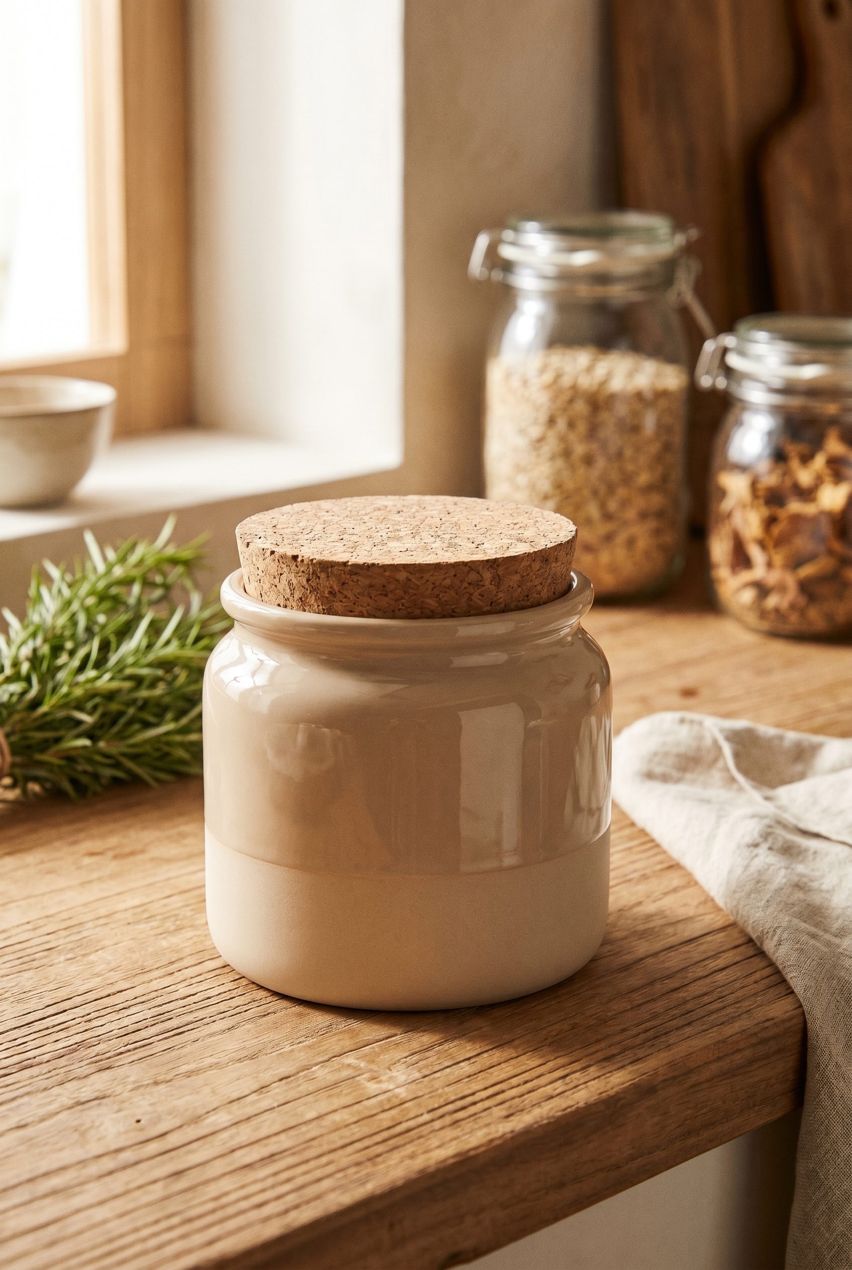 Etsy listing visual showing beige ceramic cork storage jar for food and beverage products