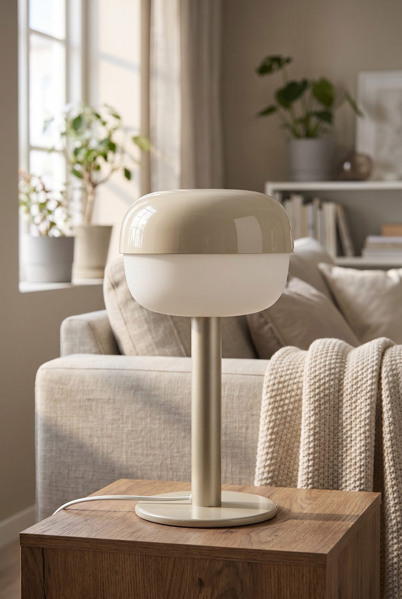 Fotogenic AI product photo of a beige table lamp on a wooden side table