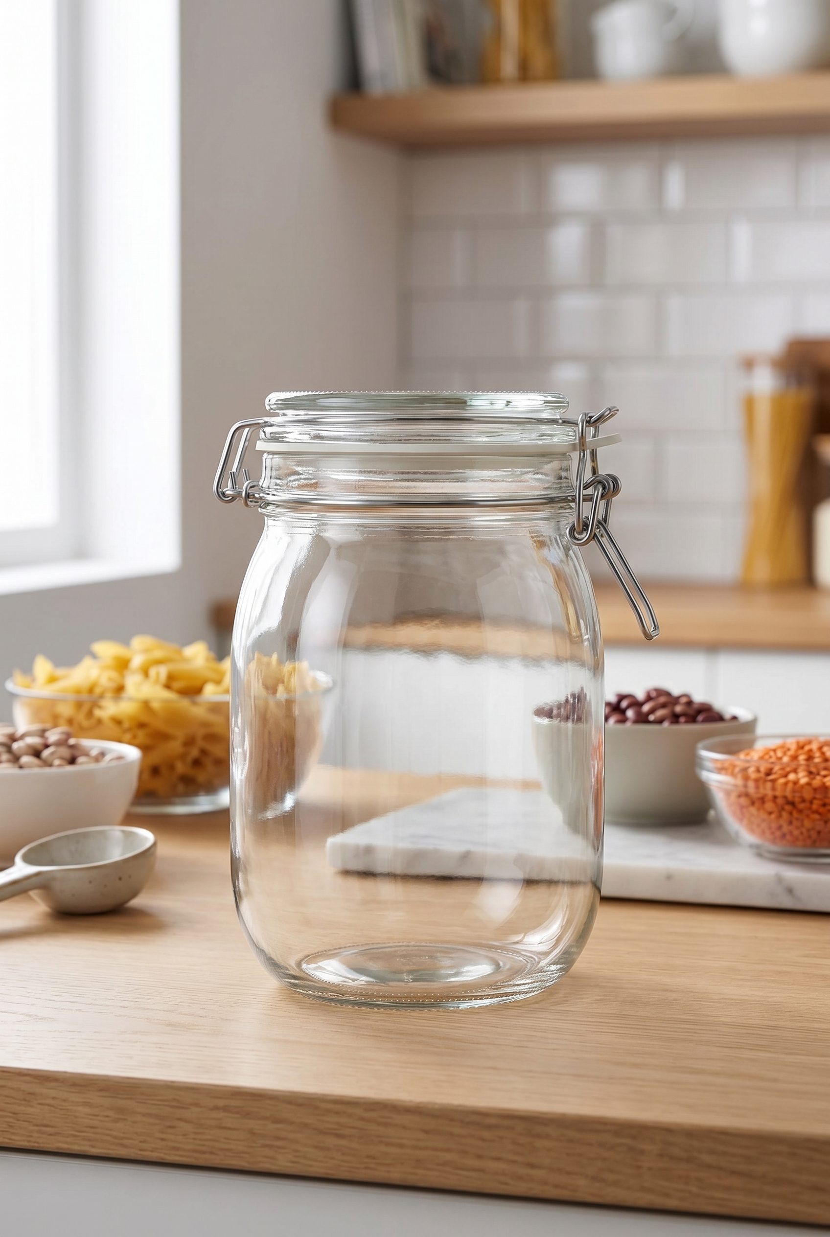Amazon listing visual showing clear glass storage jar kitchen for food and beverage products