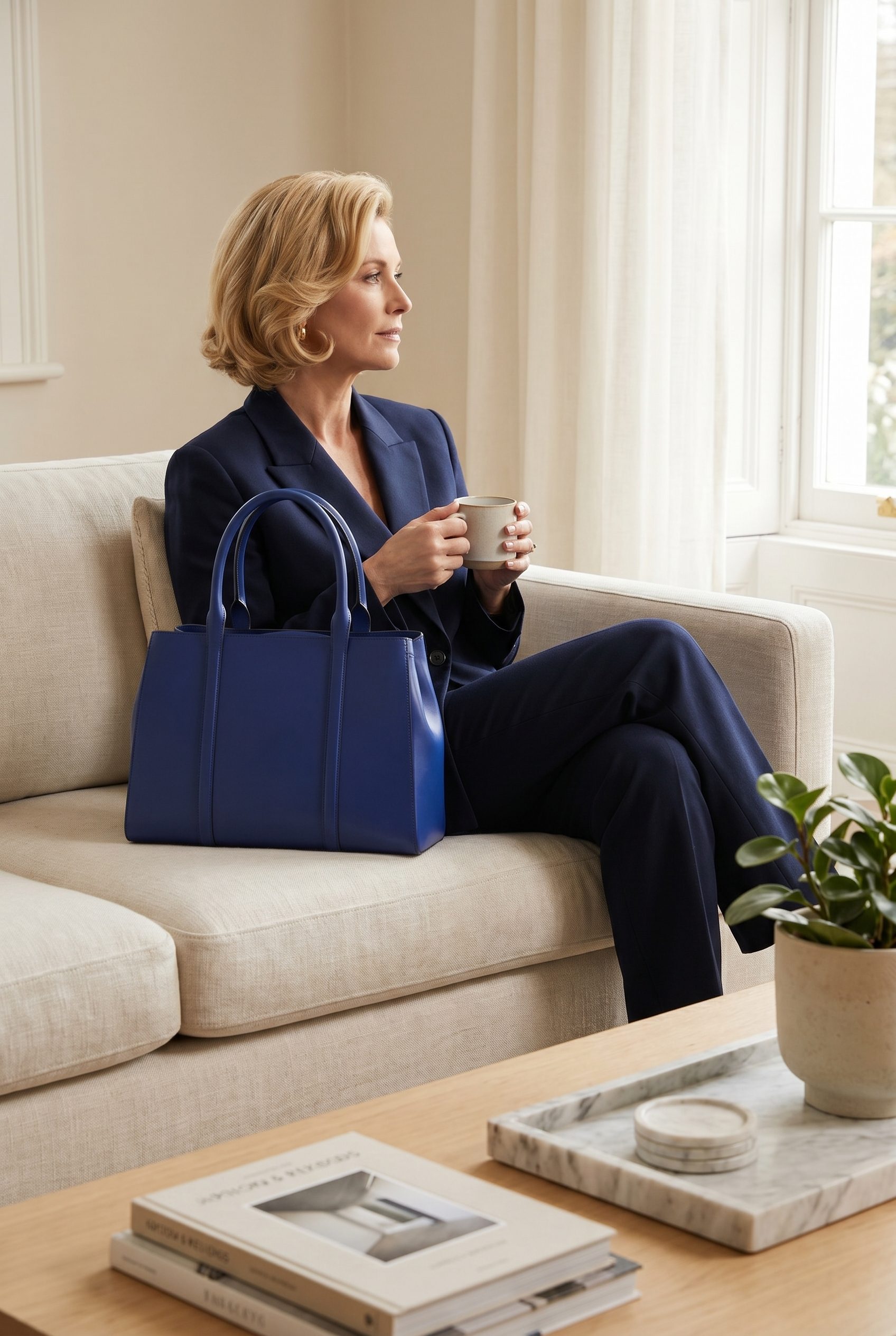 Fotogenic AI bags product photography seasonal campaign scene with a blue handbag in a warm interior