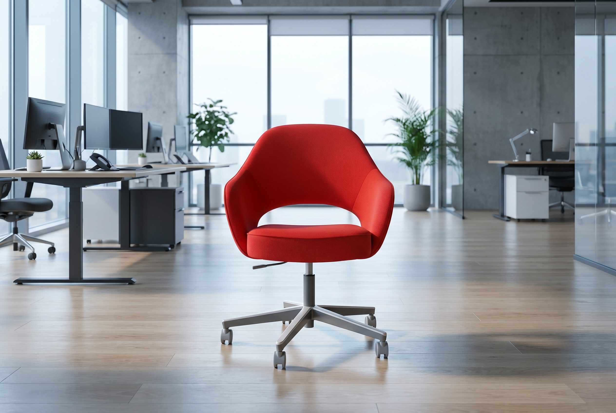 Fotogenic AI hero red office chair workspace product photo output for the AI Product Photo Generator landing page