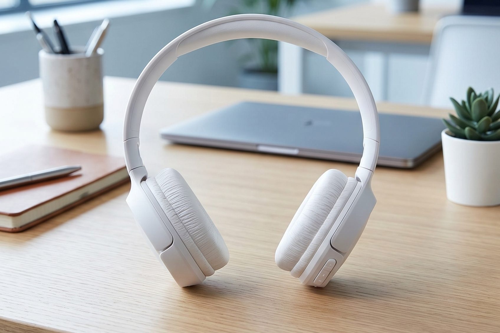 Fotogenic AI hero white headphones desk product photo output for the AI Product Photo Generator landing page