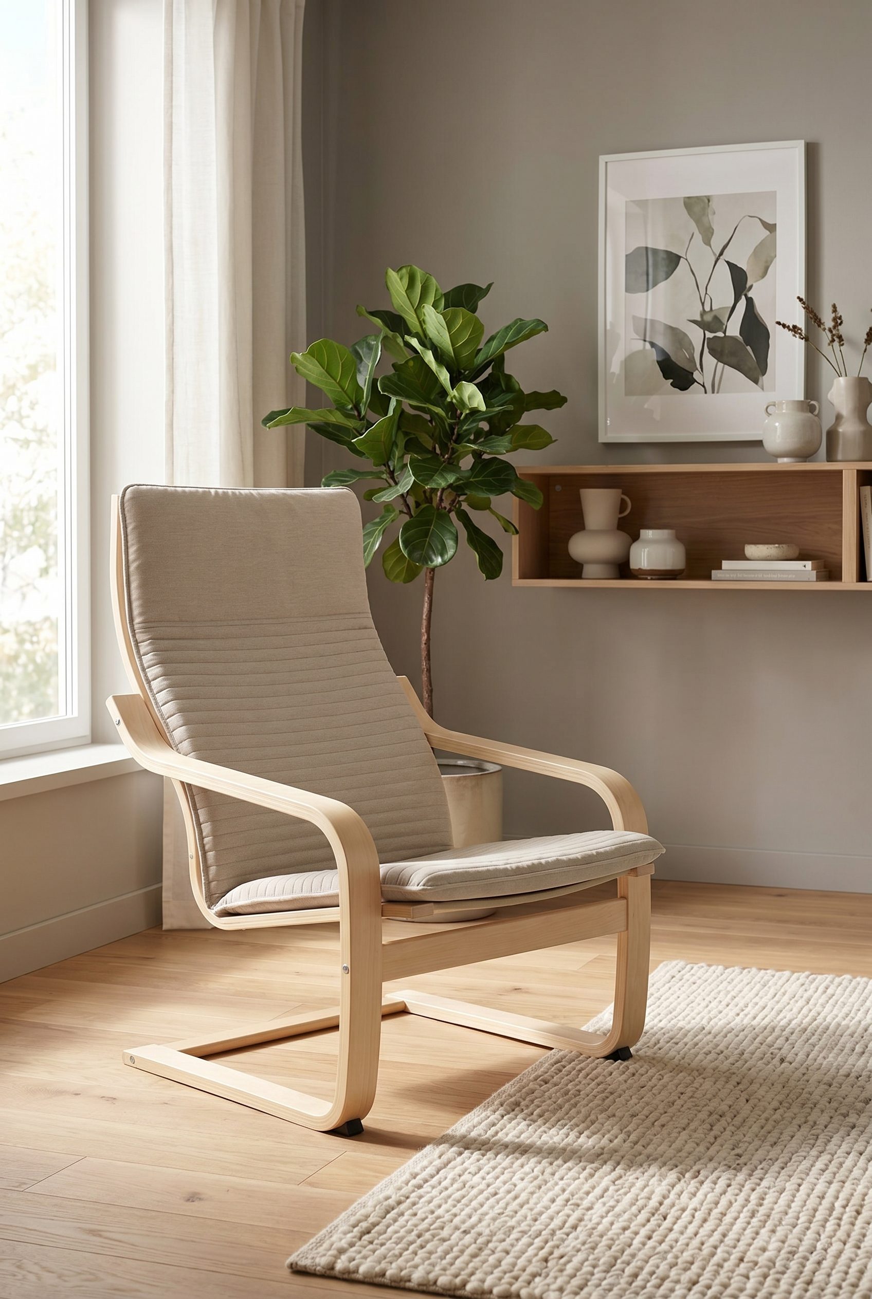 Beige lounge chair in a clean living room as a Fotogenic AI home product photo example