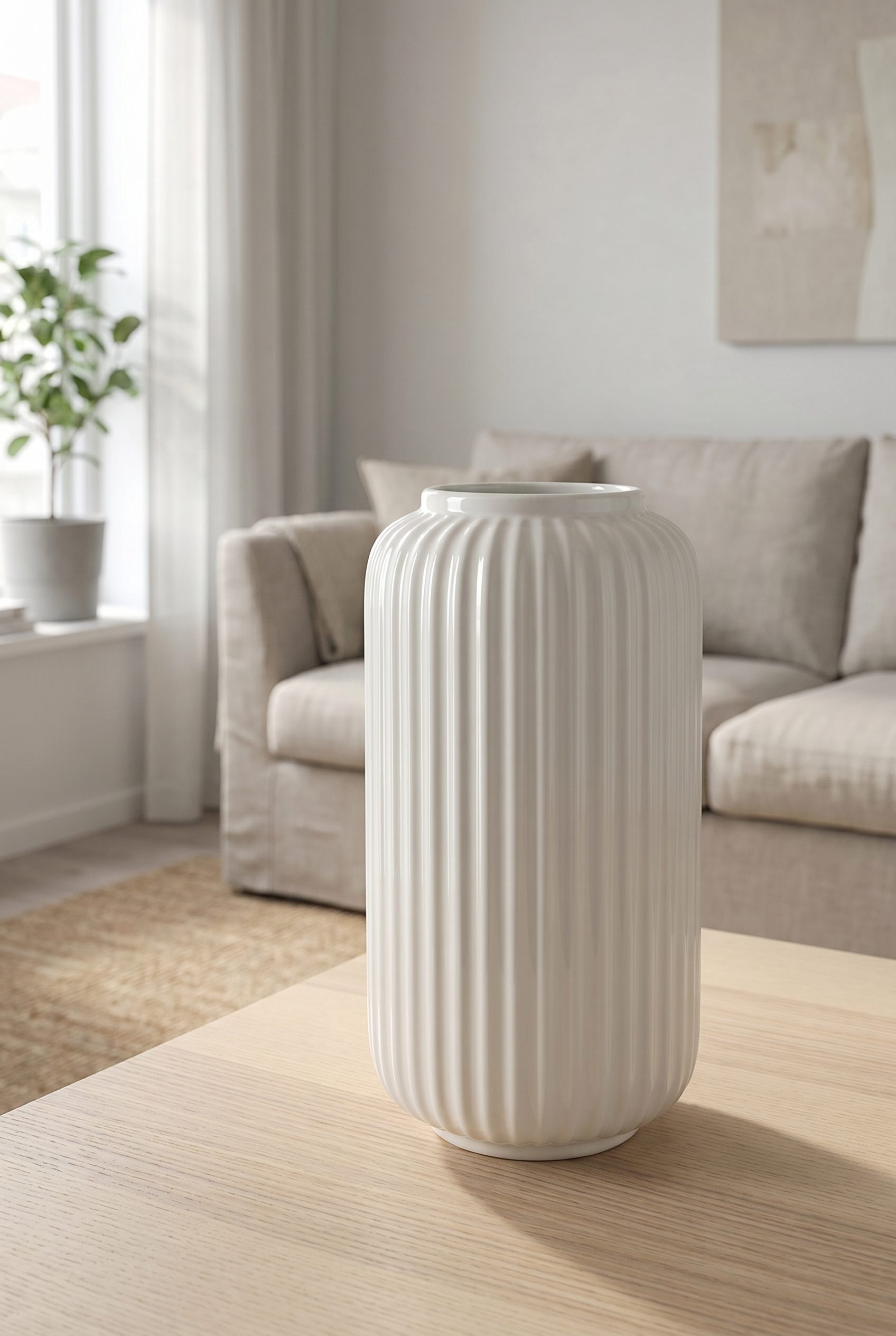 Google Shopping feed visual showing white grooved vase living room for home goods and decor products