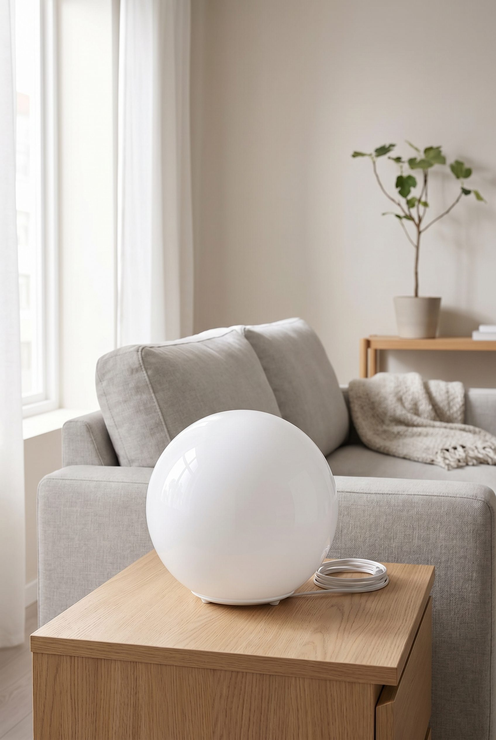 White round table lamp in a clean living room scene as a Fotogenic AI product photo generator home example