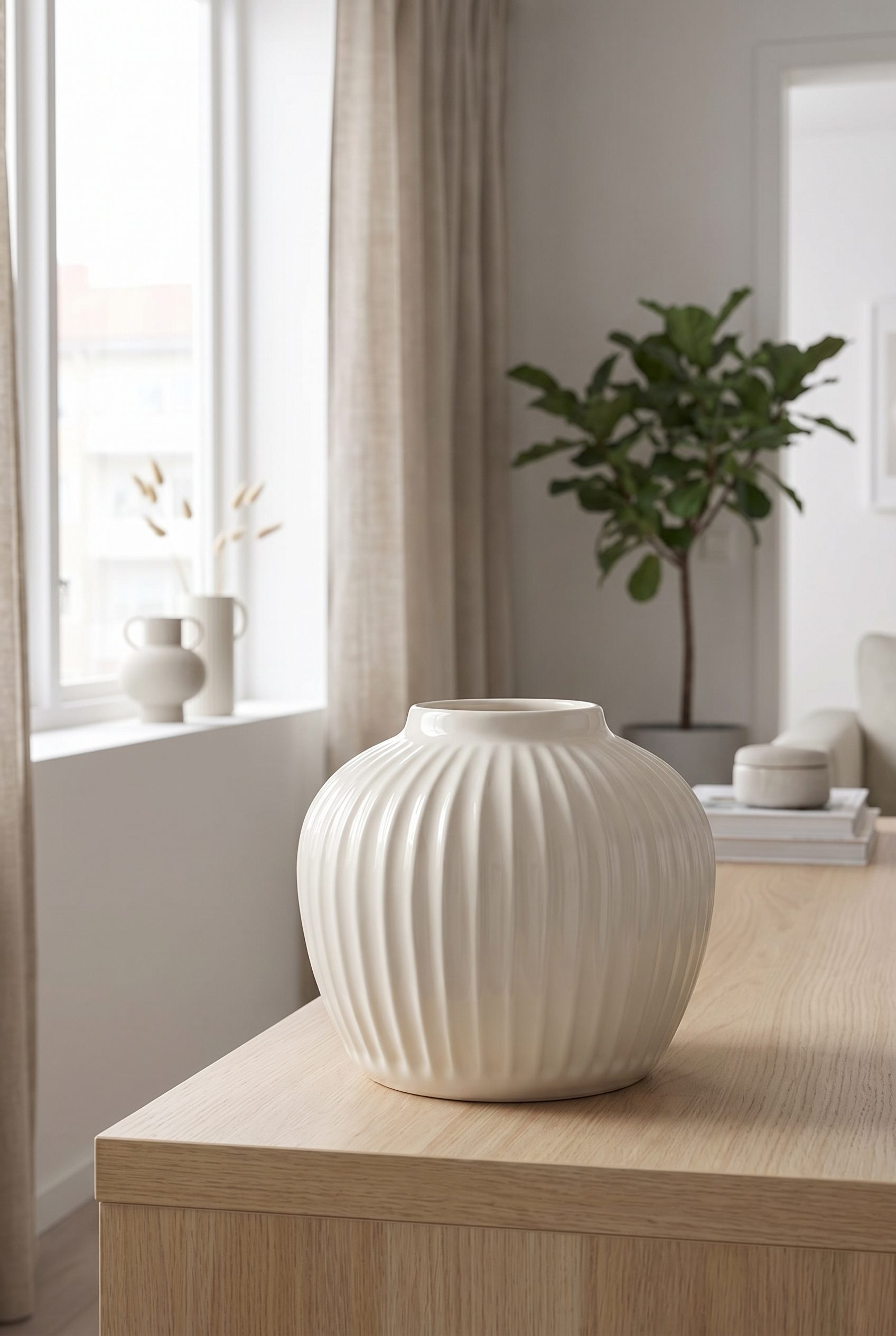 Google Shopping feed visual showing white sculptural vase sideboard for home goods and decor products