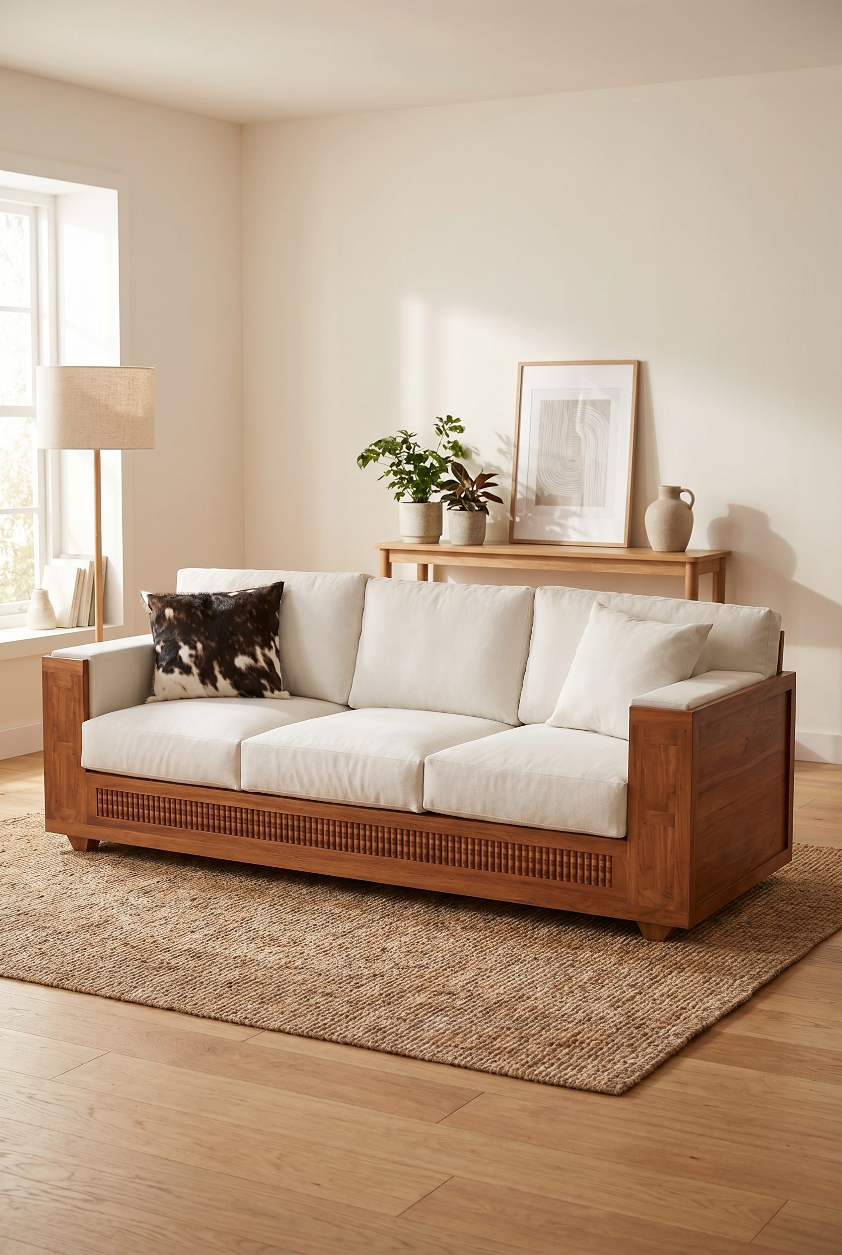 WordPress store visual showing wooden sofa for home goods and decor products