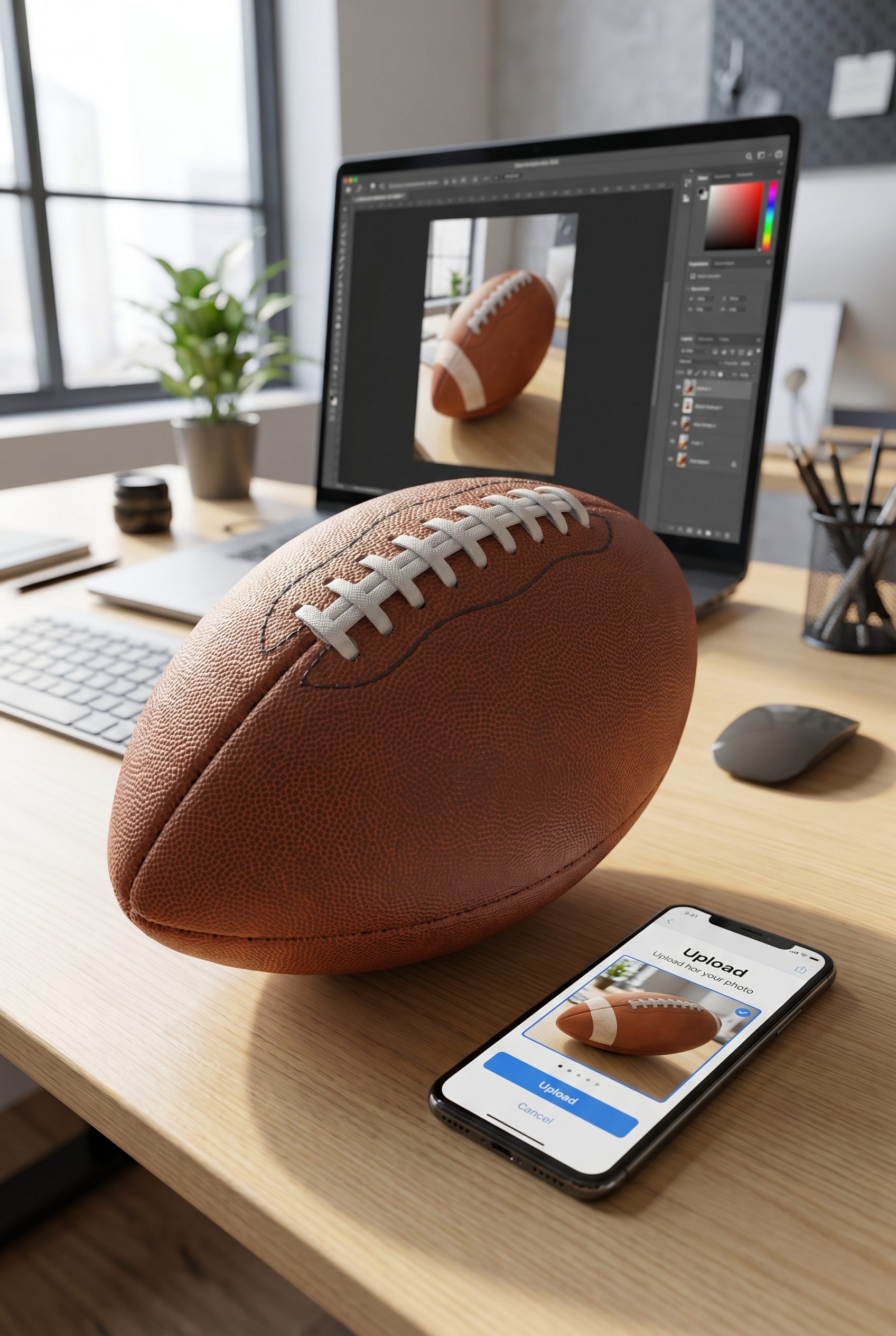 Fotogenic AI workflow football source upload step output for an AI product photo generator page