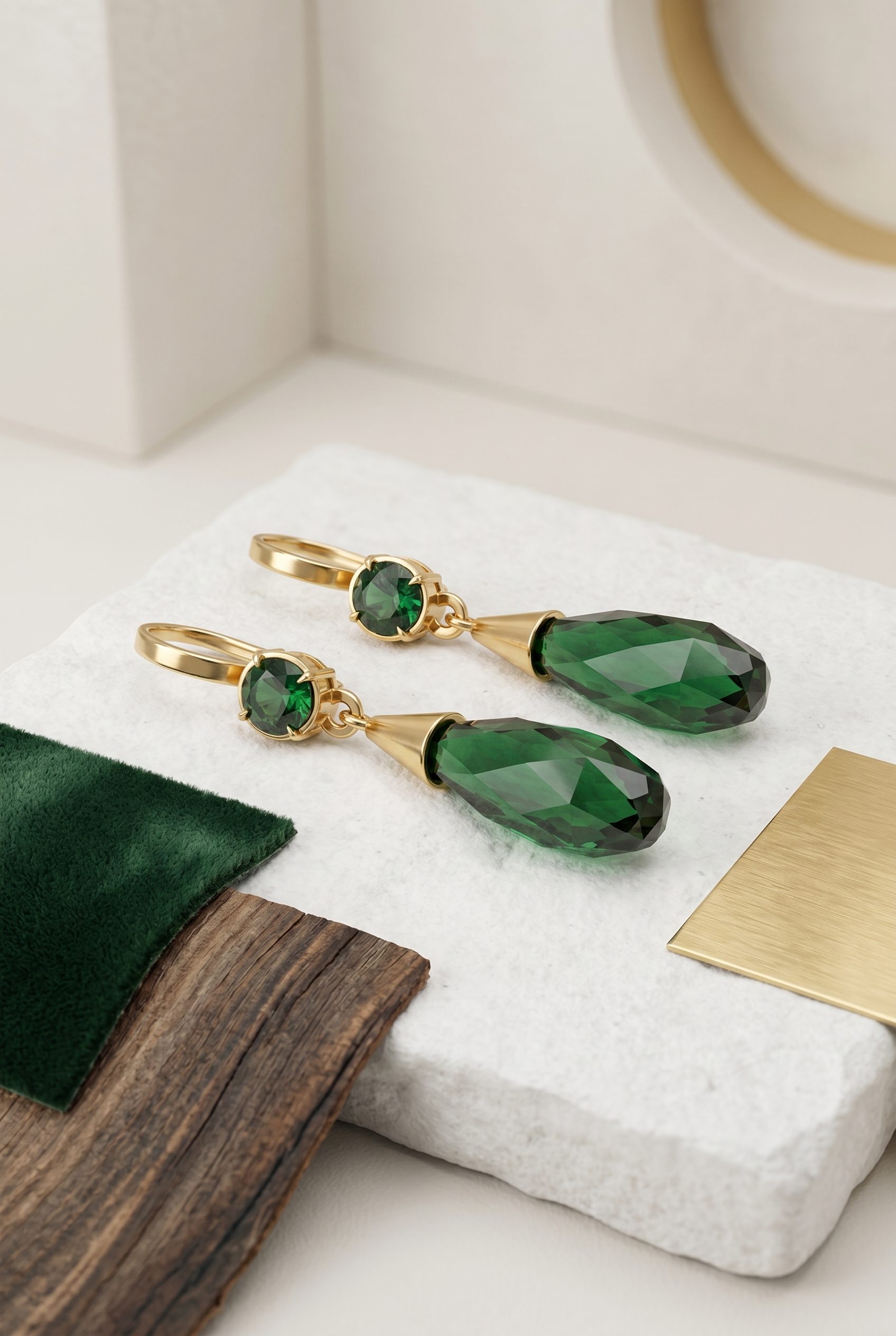 Fotogenic AI workflow green earrings scene selection output for an AI product photo generator page