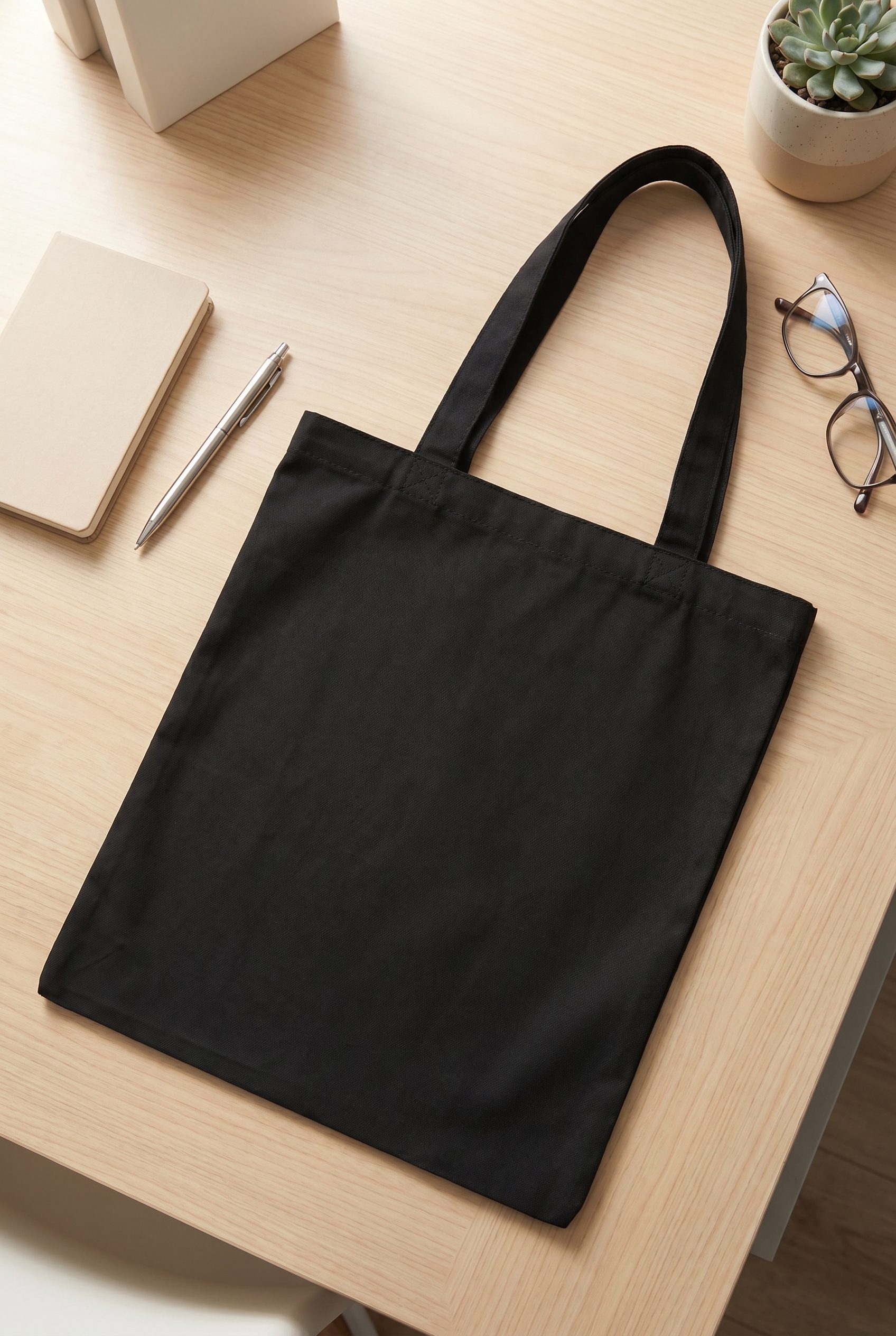 Bulk product image generation social flat lay with a black tote bag