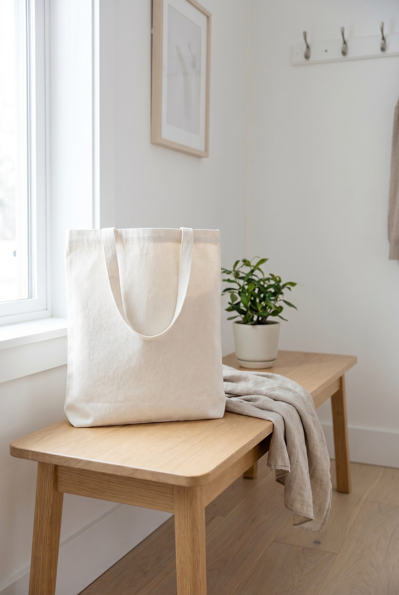 Bulk product image generation lifestyle scene with a white canvas tote