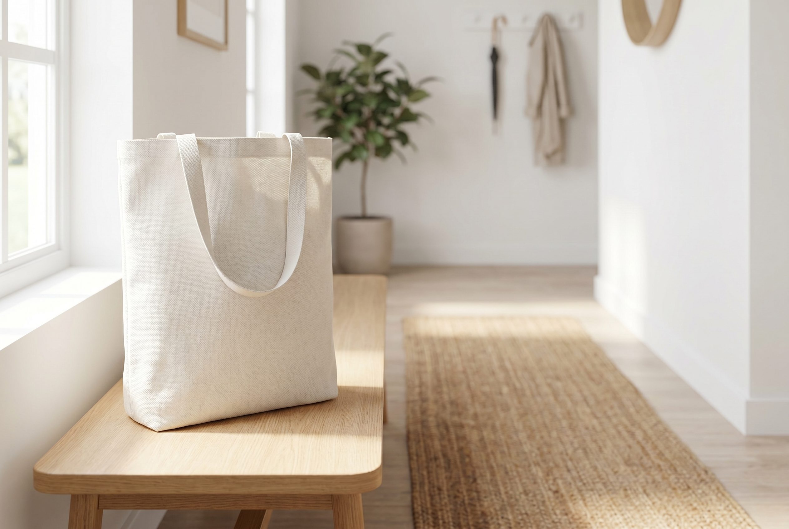Fotogenic AI bags product photography lifestyle scene with a plain white canvas tote on a bright home entry bench