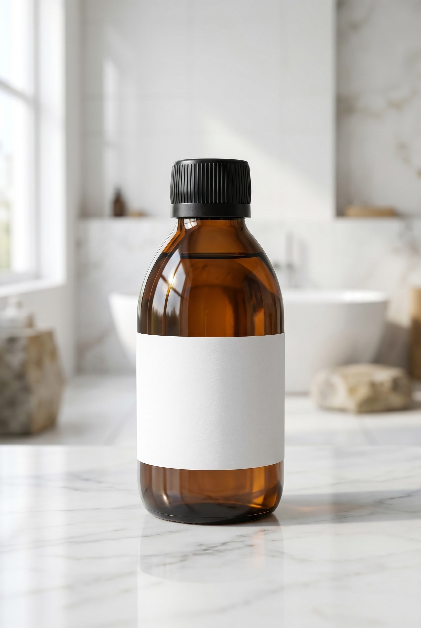 Bulk product image generation editorial ad creative with an amber beauty bottle