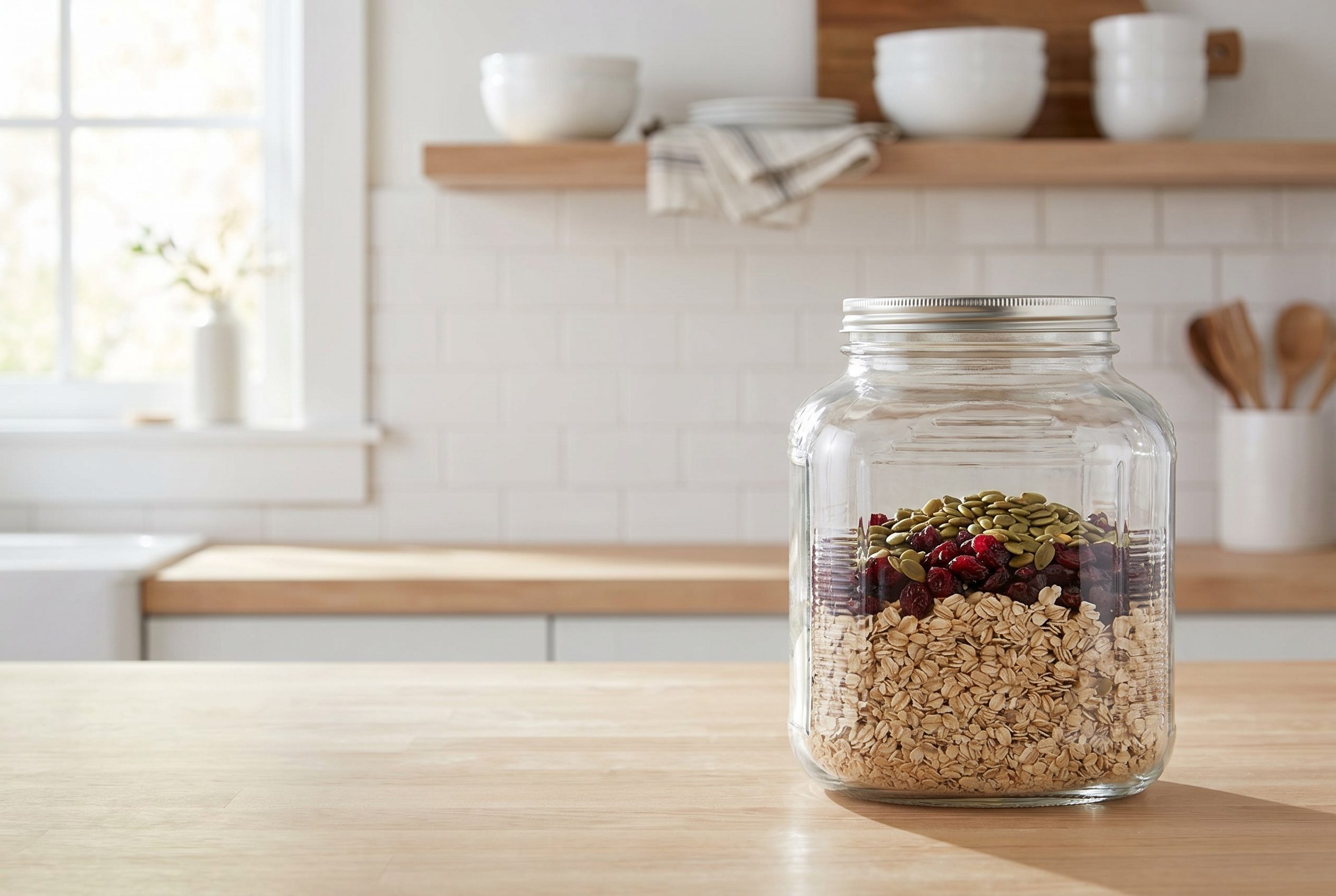 Fotogenic AI ecommerce brand consistency image of a glass storage jar in a neutral kitchen scene