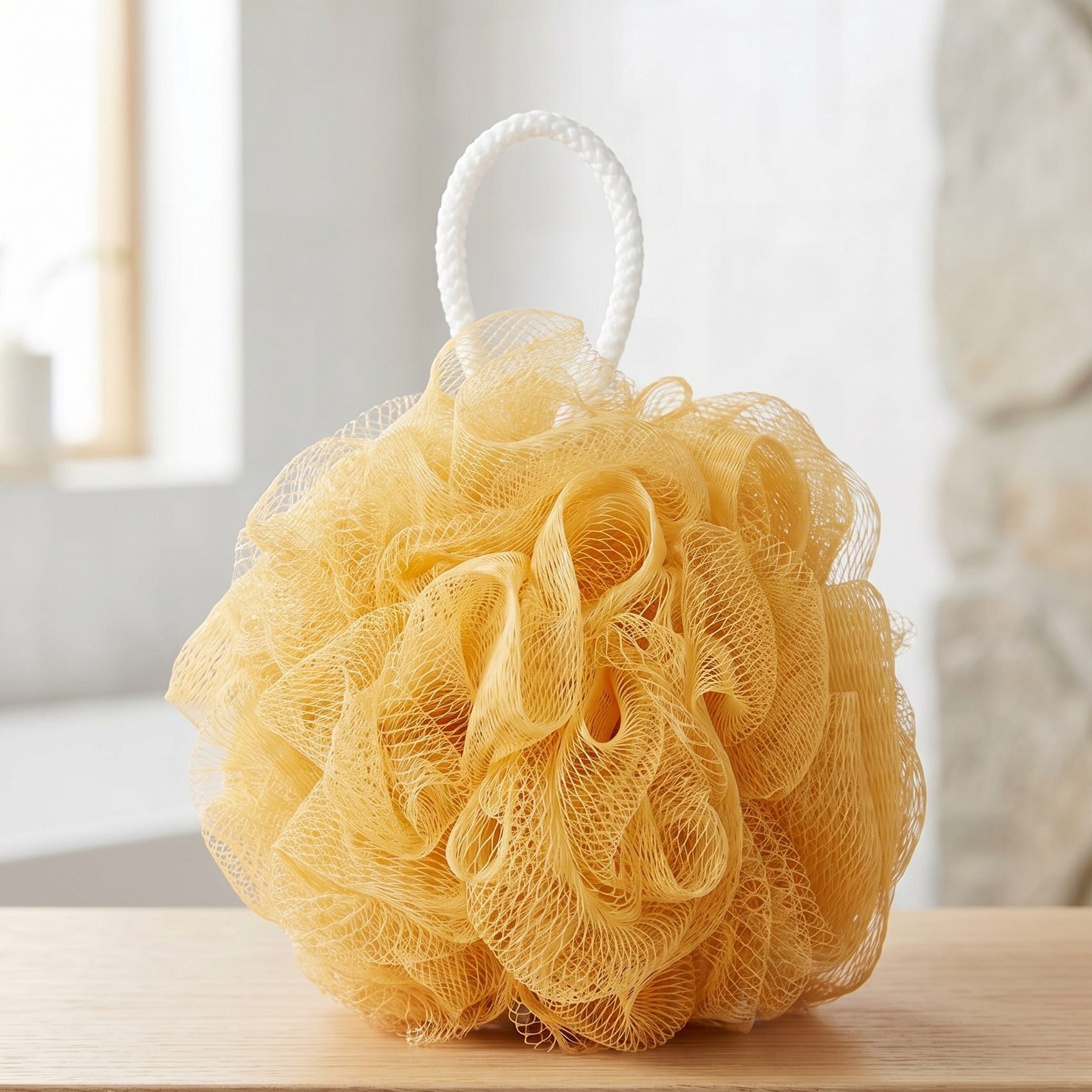 Fotogenic AI ecommerce accessories category image of a cream bath sponge in a bright bathroom scene
