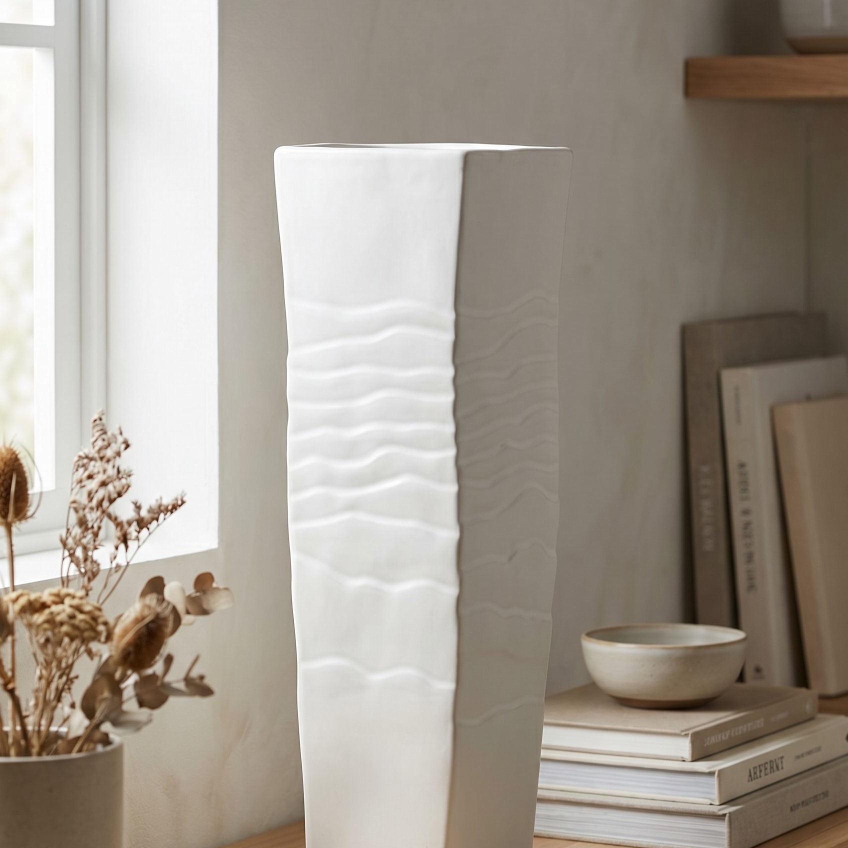 Fotogenic AI ecommerce category card for home and furniture with a white vase product scene