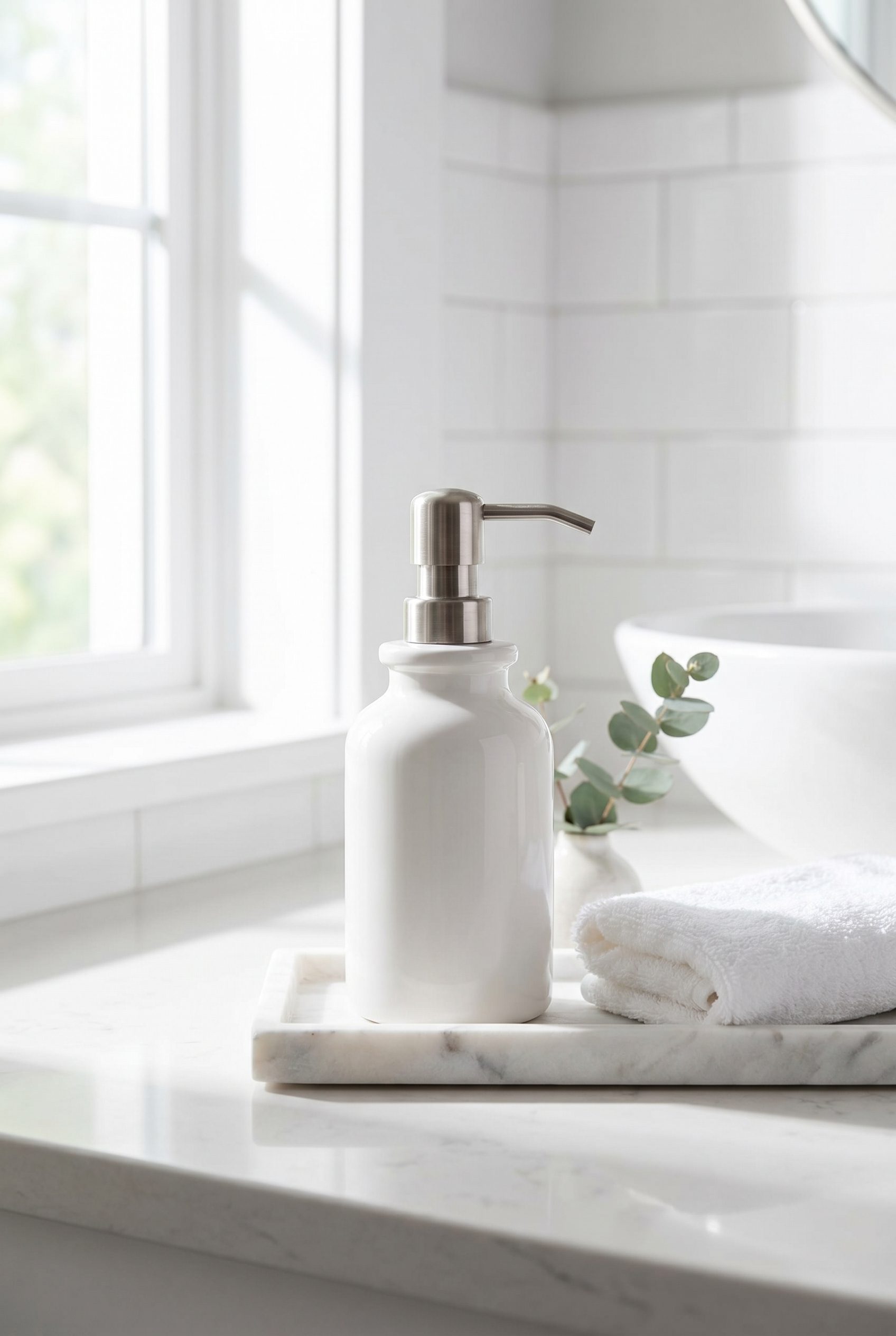 Fotogenic AI generated after image of a ceramic soap pump on a bright bathroom counter