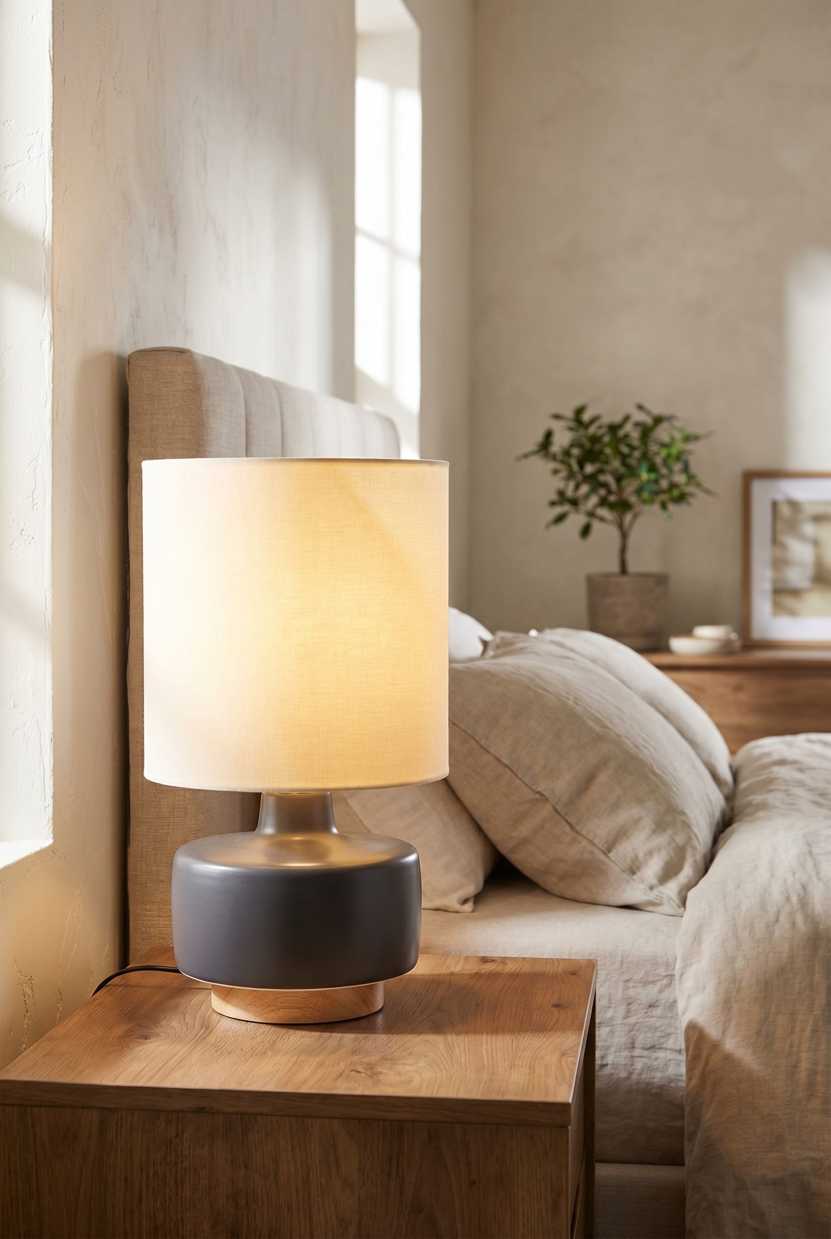 Fotogenic AI generated after image of a ceramic table lamp centered in a warm bedroom scene