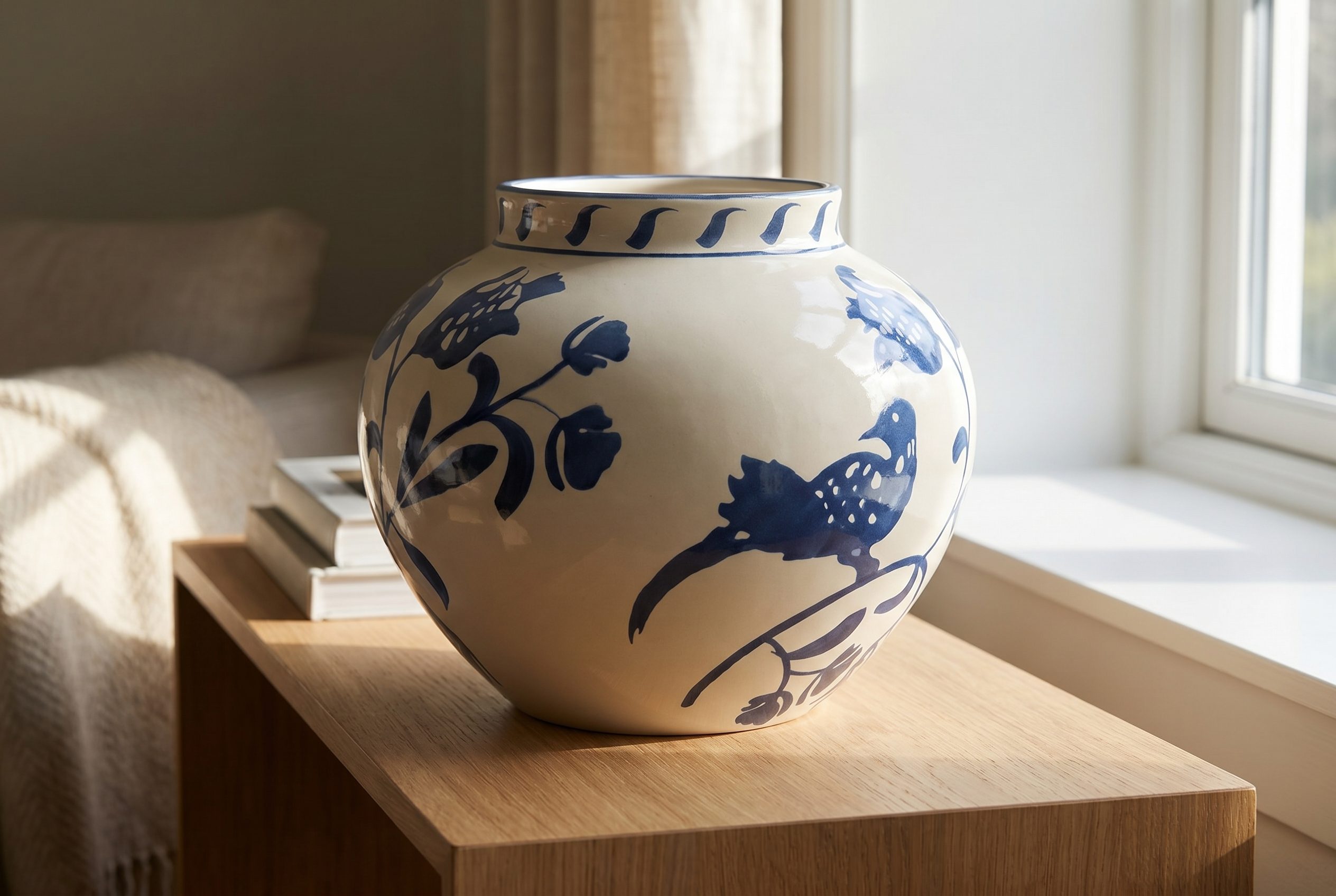 Fotogenic AI generated ecommerce hero image of a blue ceramic vase styled on a clean home shelf