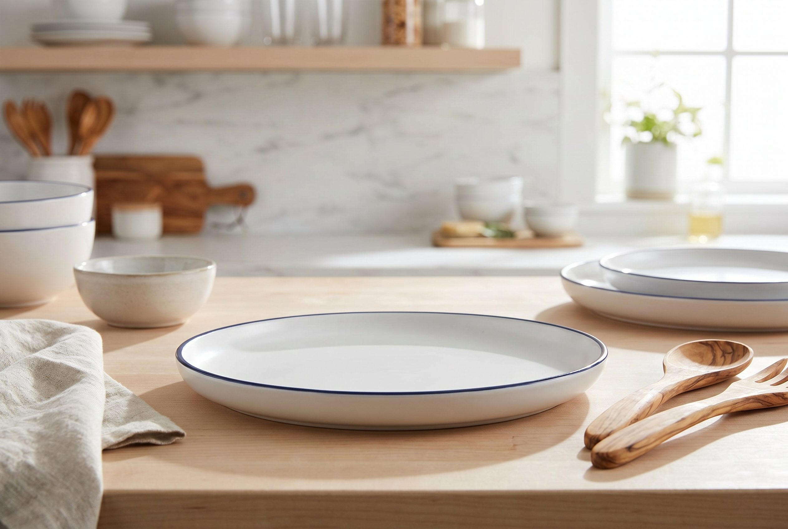 Fotogenic AI generated ecommerce photo of a blue rim dinner plate styled in a bright kitchen