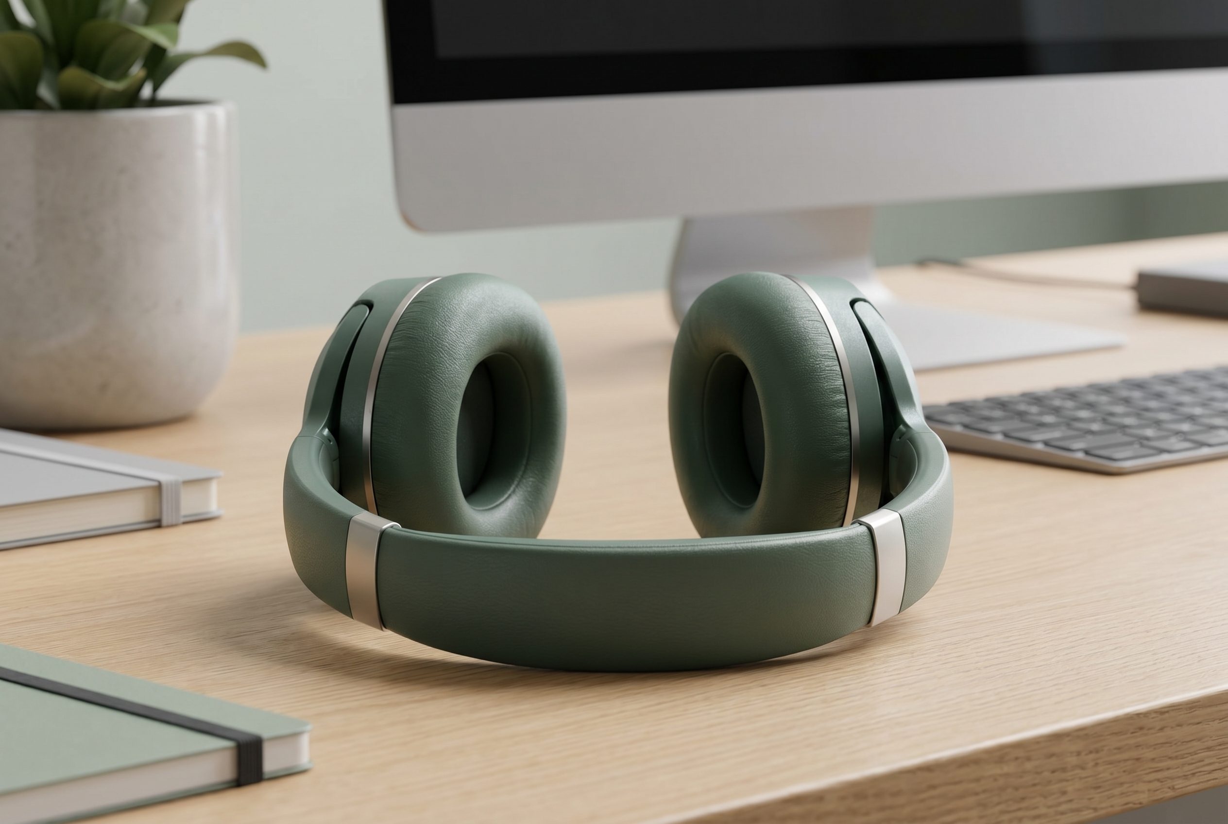 Shopify-ready ecommerce product photo of sage wireless headphones on a clean desk