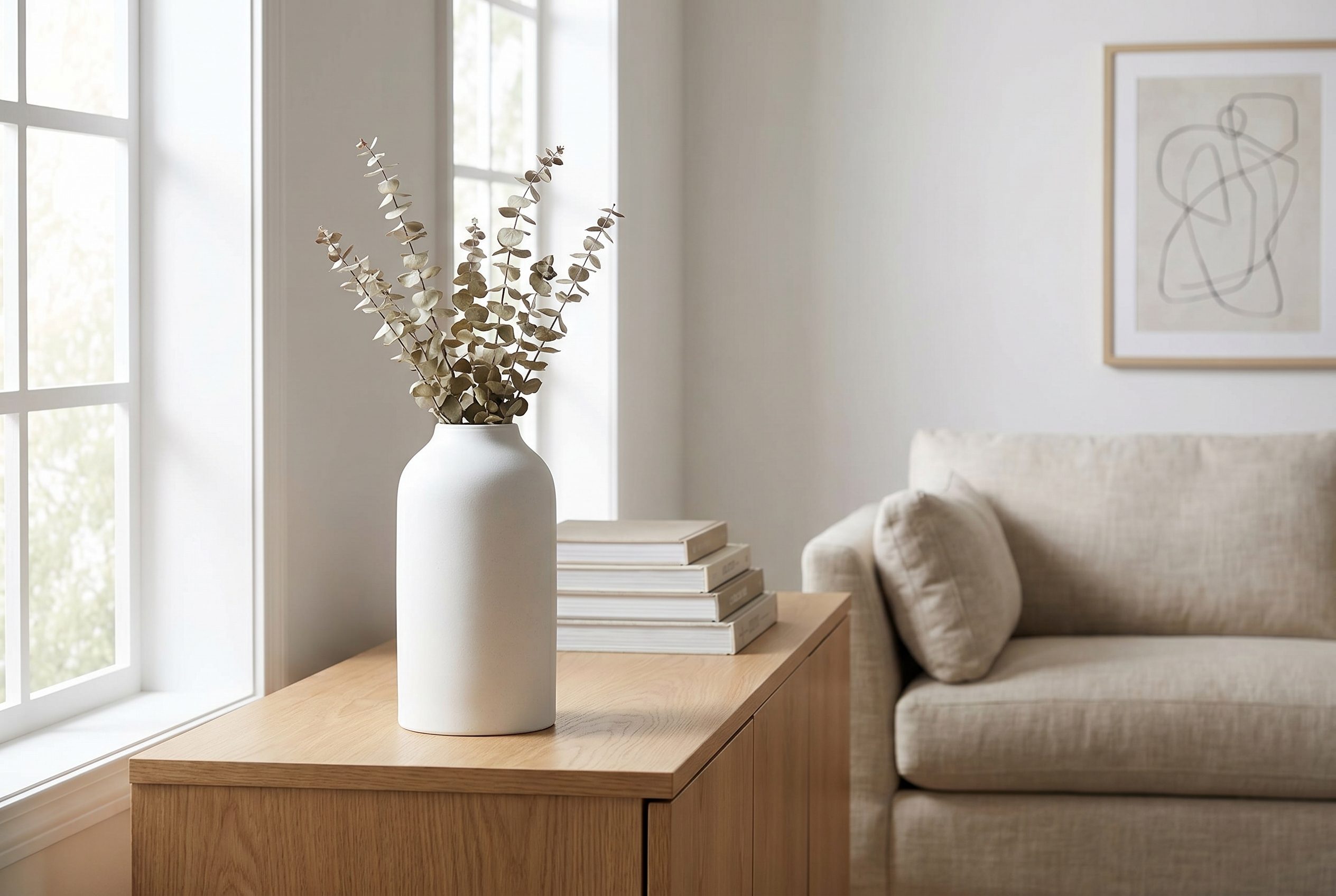 Custom ecommerce product photo of a white ceramic vase in a lifestyle home scene
