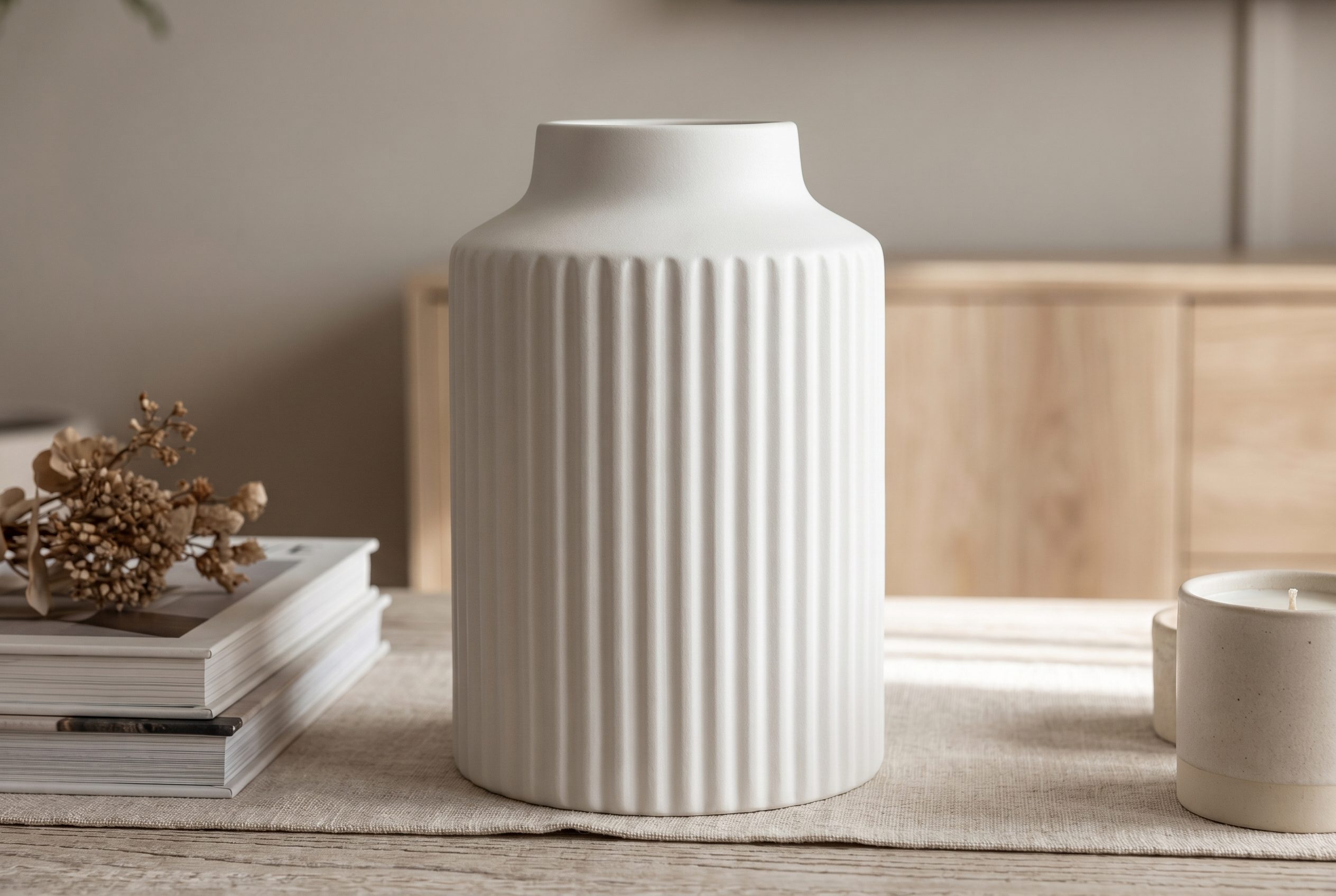 Fotogenic AI ecommerce related tool image of a white fluted vase for bulk product generation